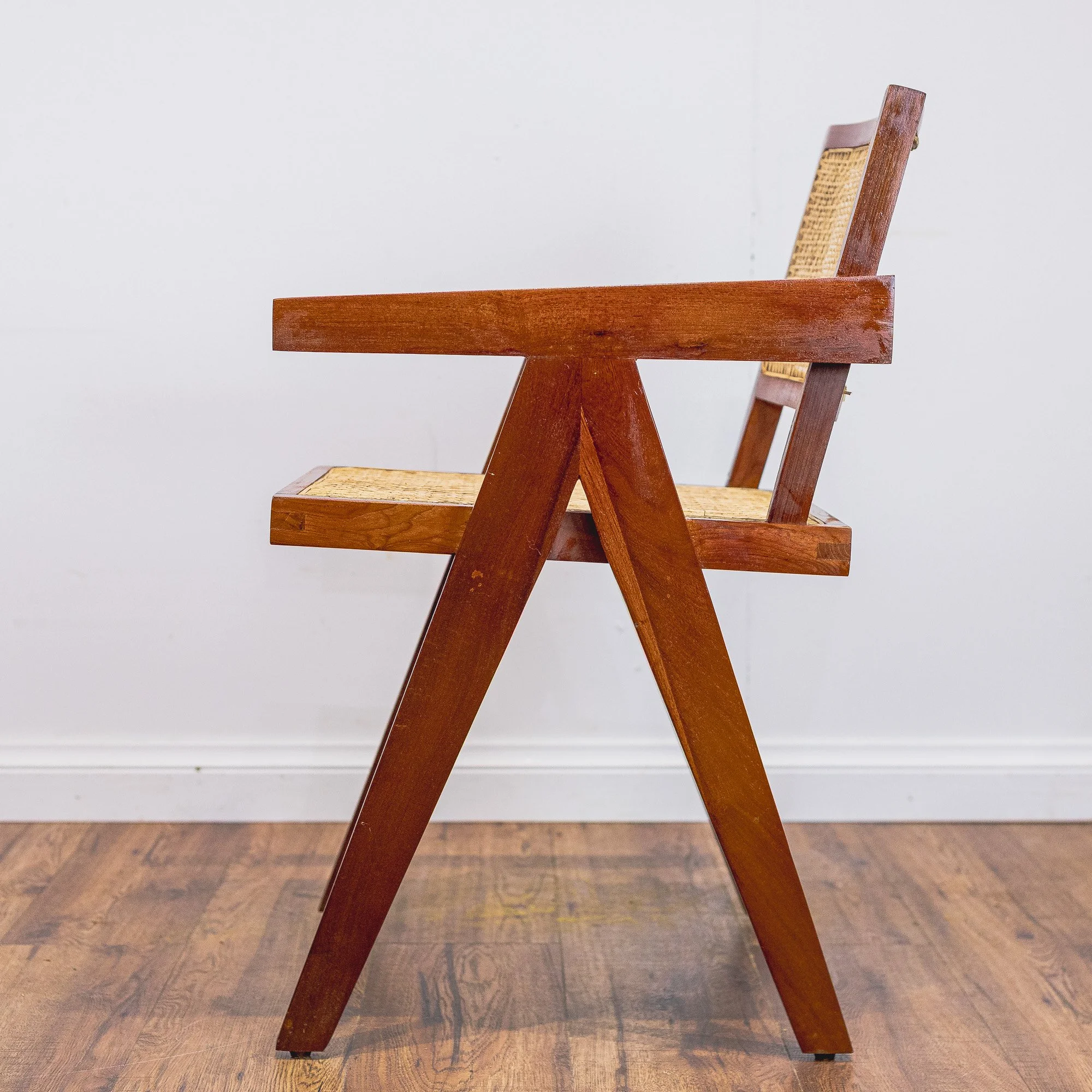 Pierre Jeanerette Style Teak and Cane Boomerang Chairs and Footstool-16.jpg