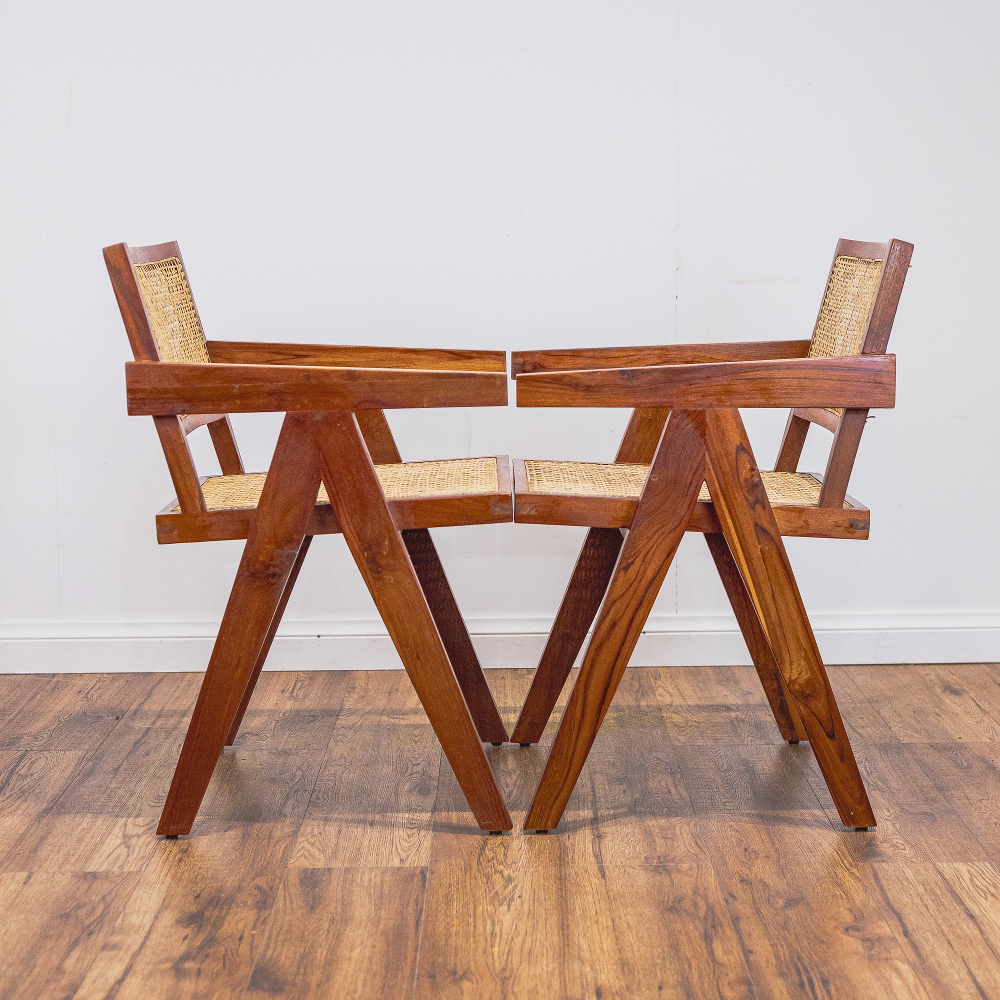 Pierre Jeanerette Style Teak and Cane Boomerang Chairs x2-7.jpg