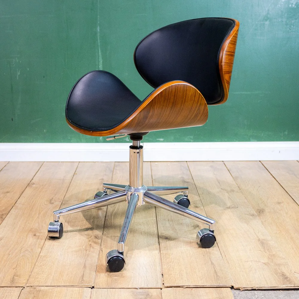 Eames Style Bentwood Teak & Chrome Office Chair
