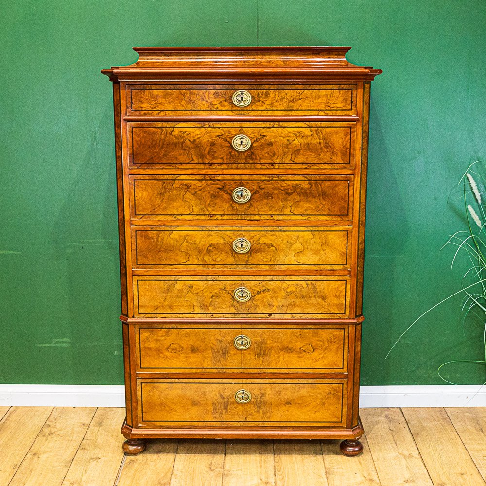 French Burr Walnut Semainier Chest of 7 Drawers