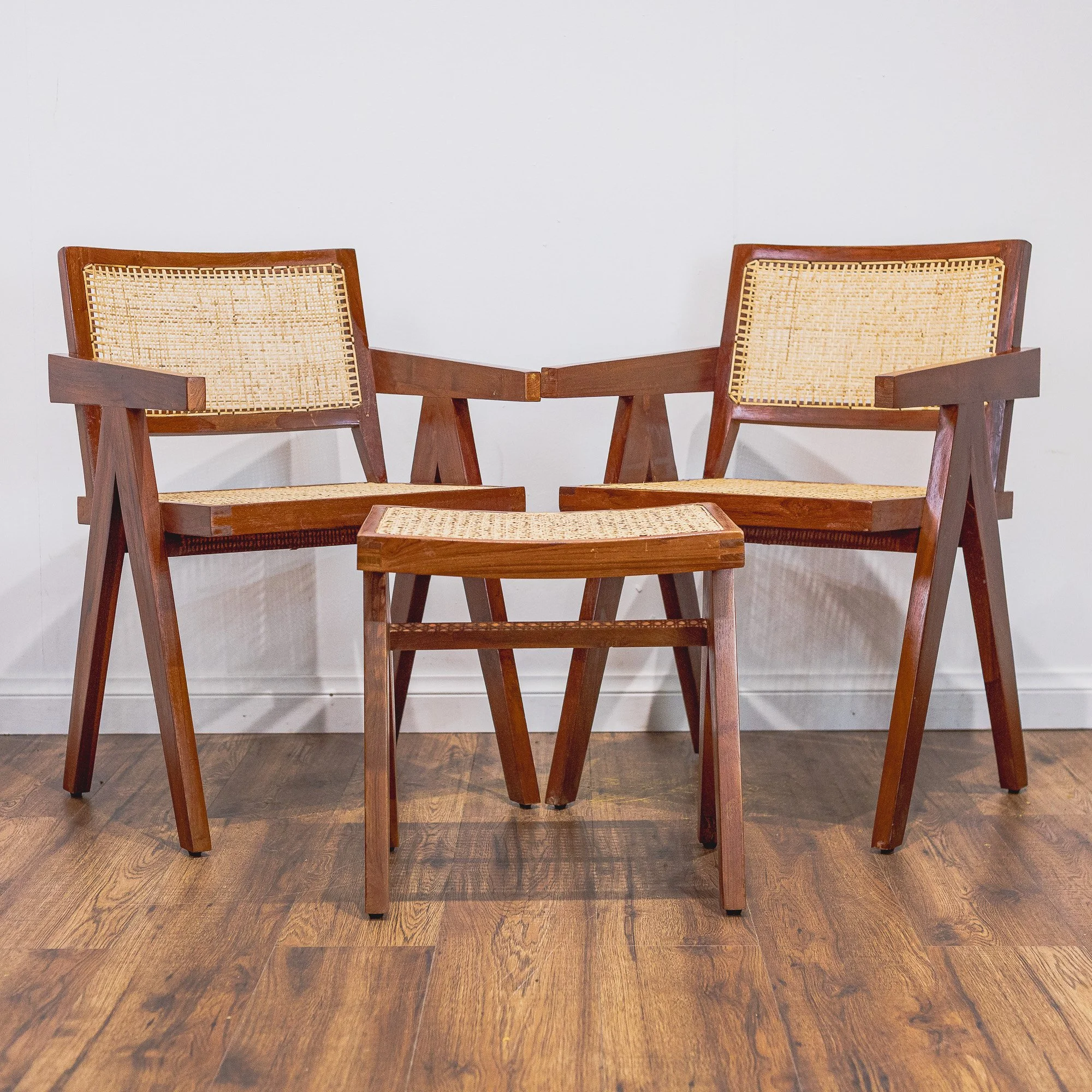 Pierre Jeanerette Style Teak and Cane Boomerang Chairs and Footstool-1.jpg