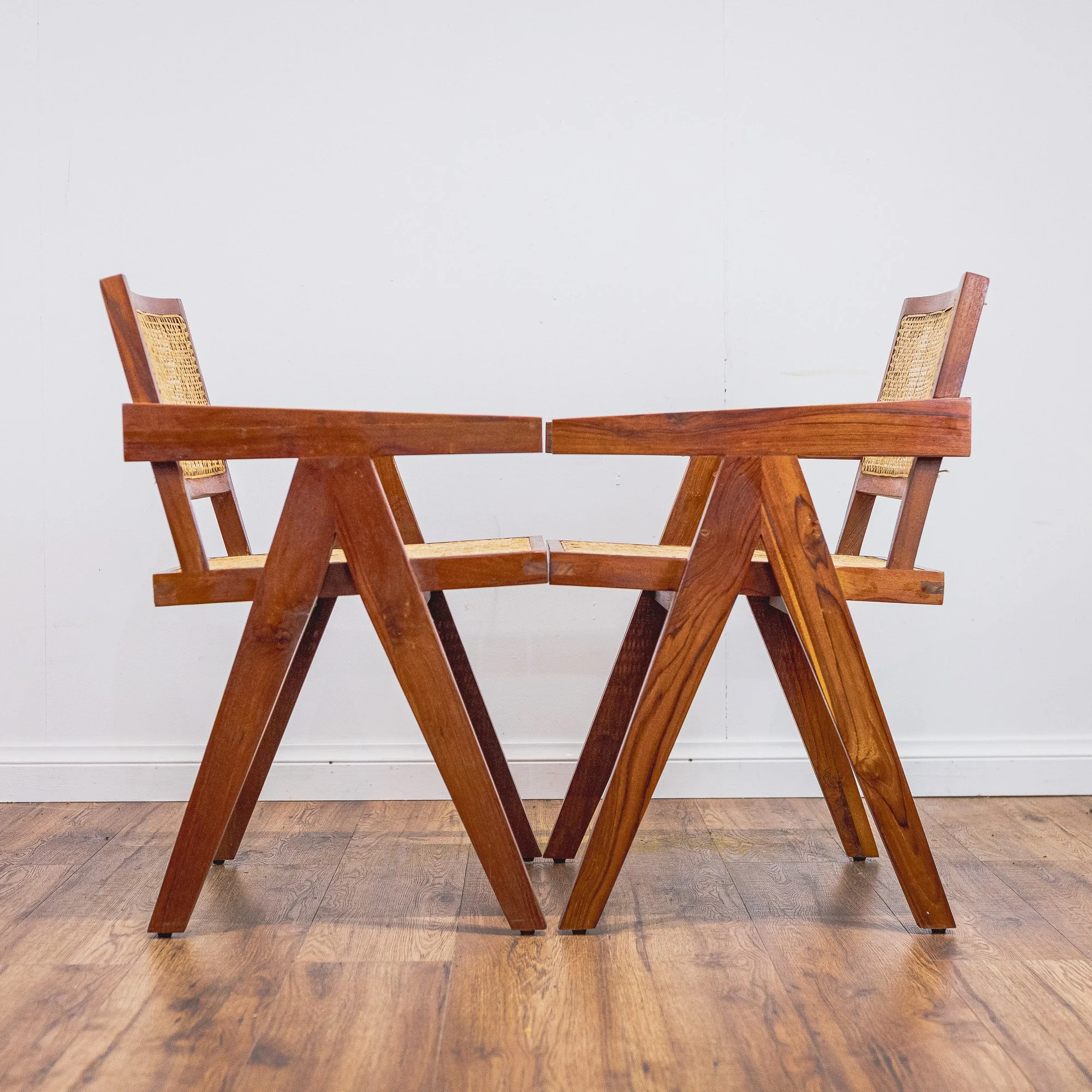 Pierre Jeanerette Style Teak and Cane Boomerang Chairs x2-6.jpg