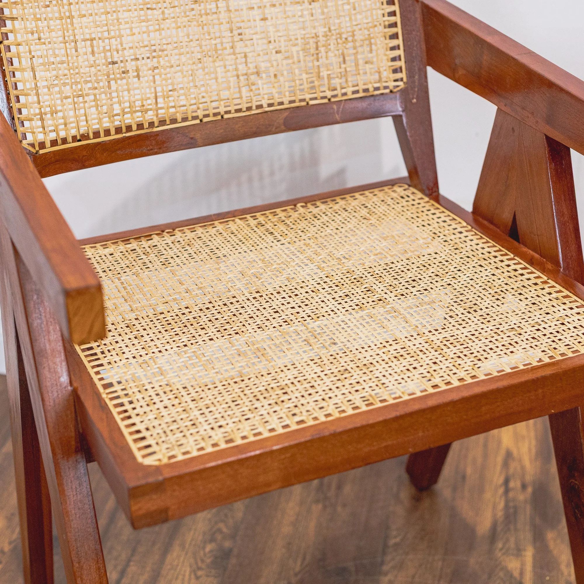 Pierre Jeanerette Style Teak and Cane Boomerang Chairs and Footstool-8.jpg