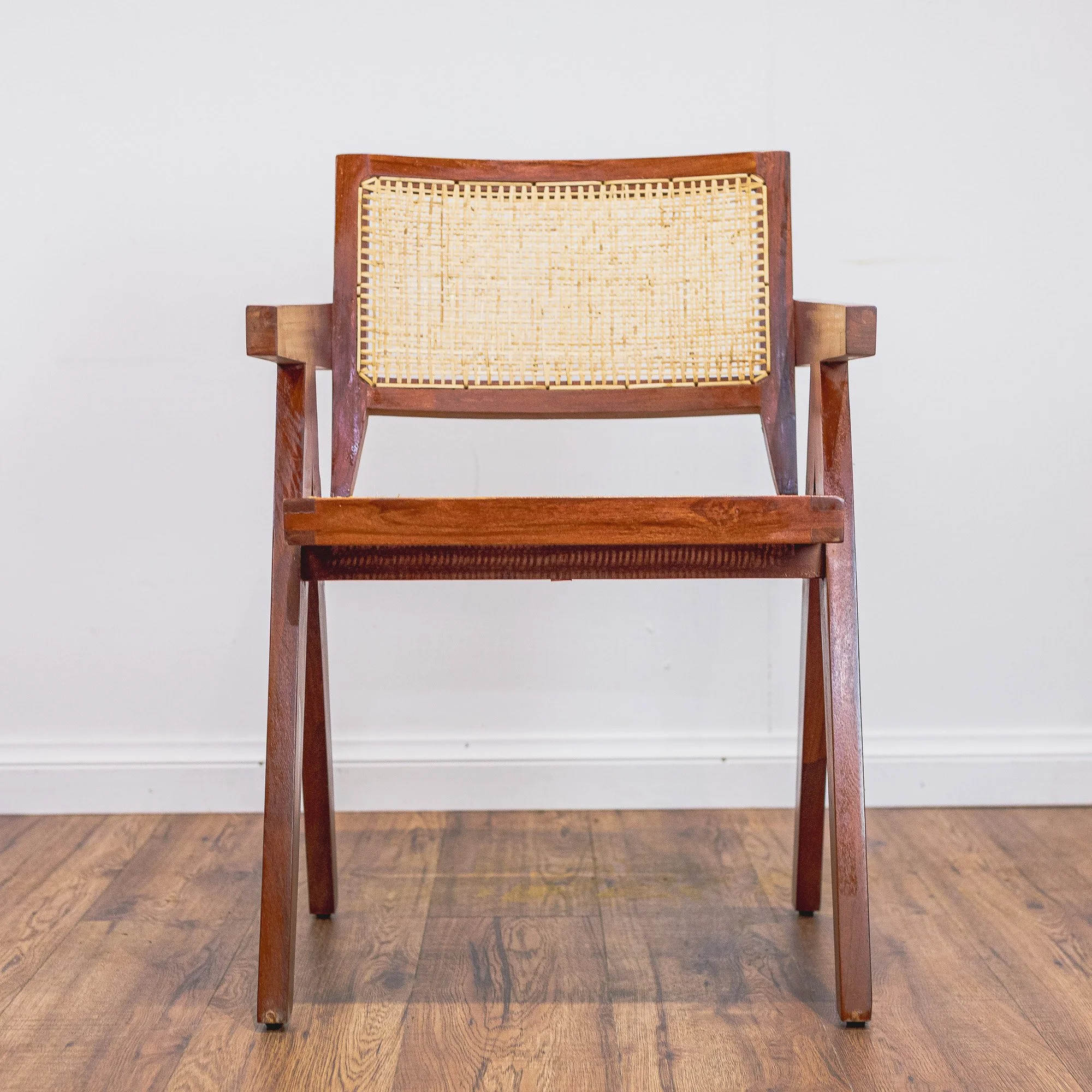 Pierre Jeanerette Style Teak and Cane Boomerang Chairs and Footstool-15.jpg