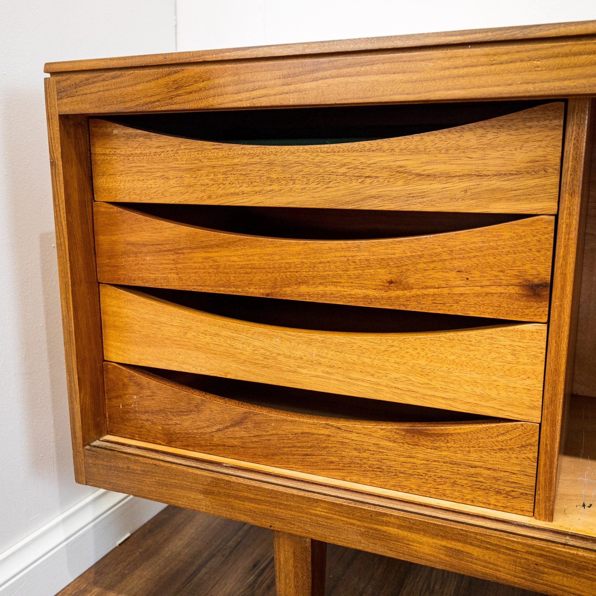 Archie Shine Long Teak Sliding Door Sideboard