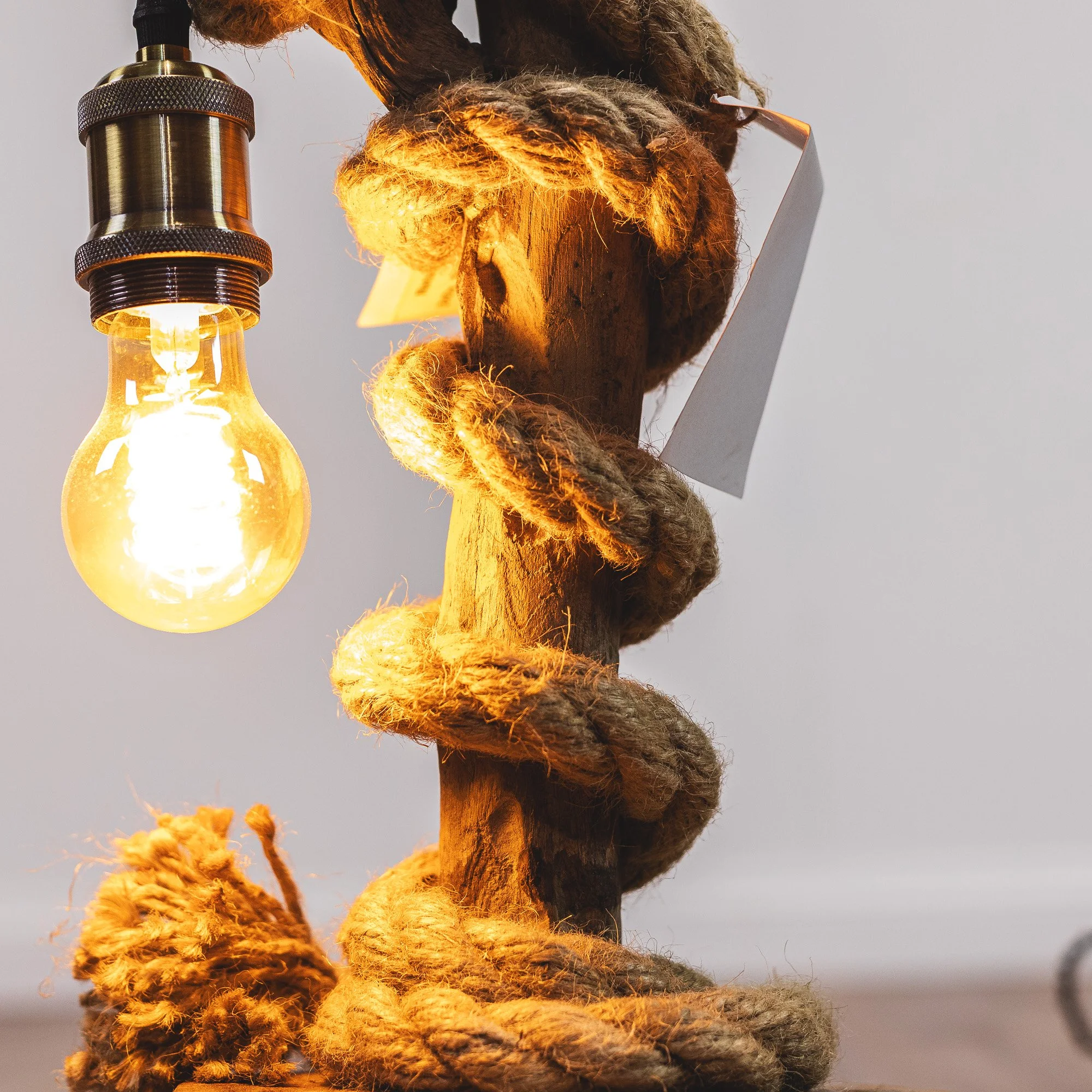 Handcrafted Natural Driftwood and Rope Twist Table Lamp