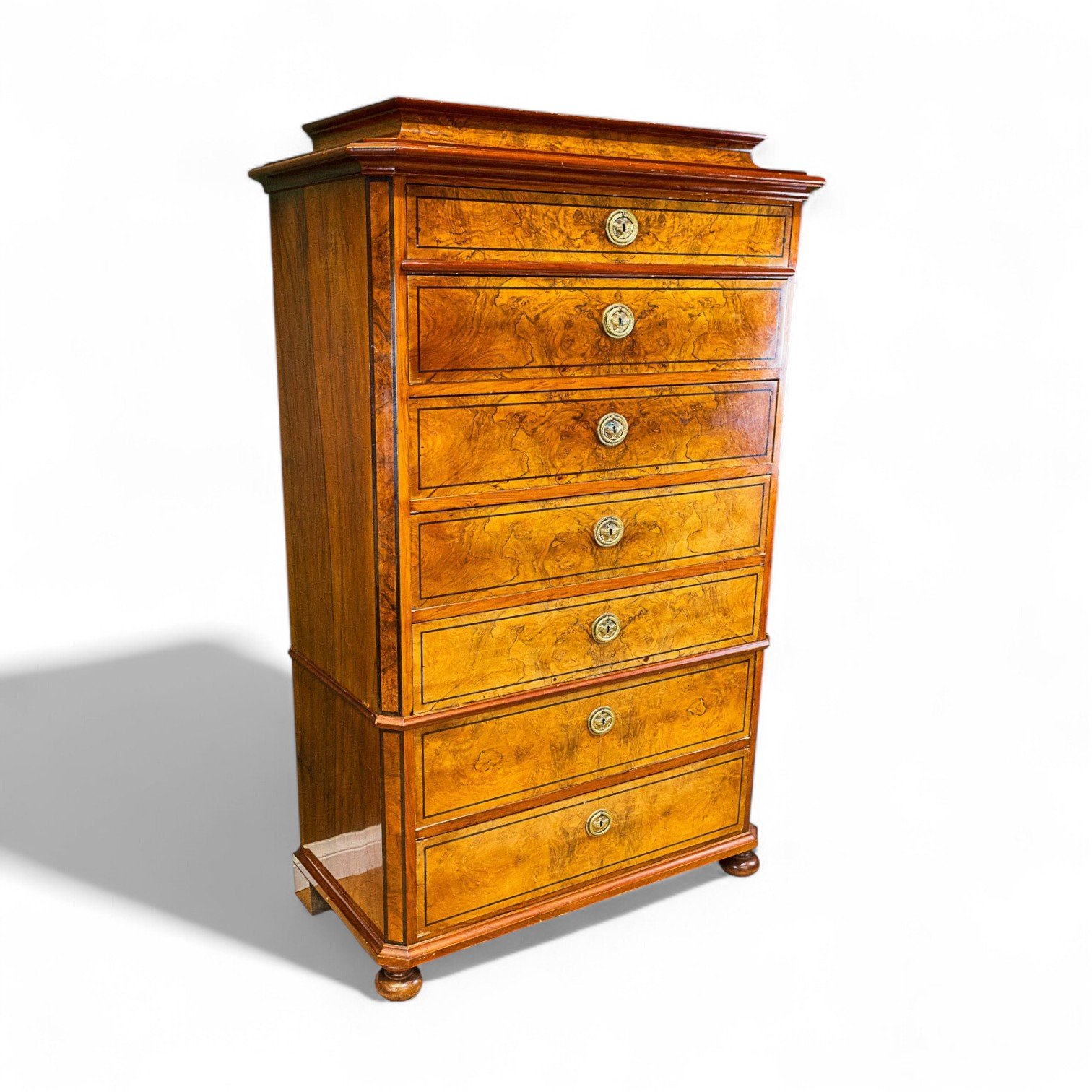 French Burr Walnut Semainier Chest of 7 Drawers