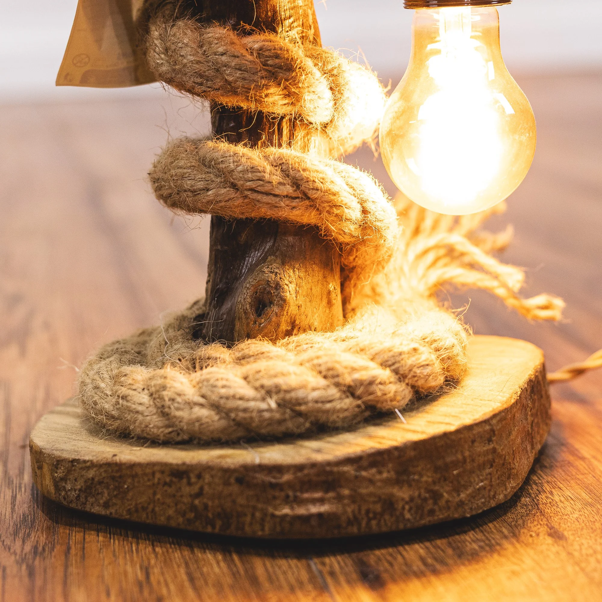 Handcrafted Natural Driftwood and Rope Twist Table Lamp – No. 2