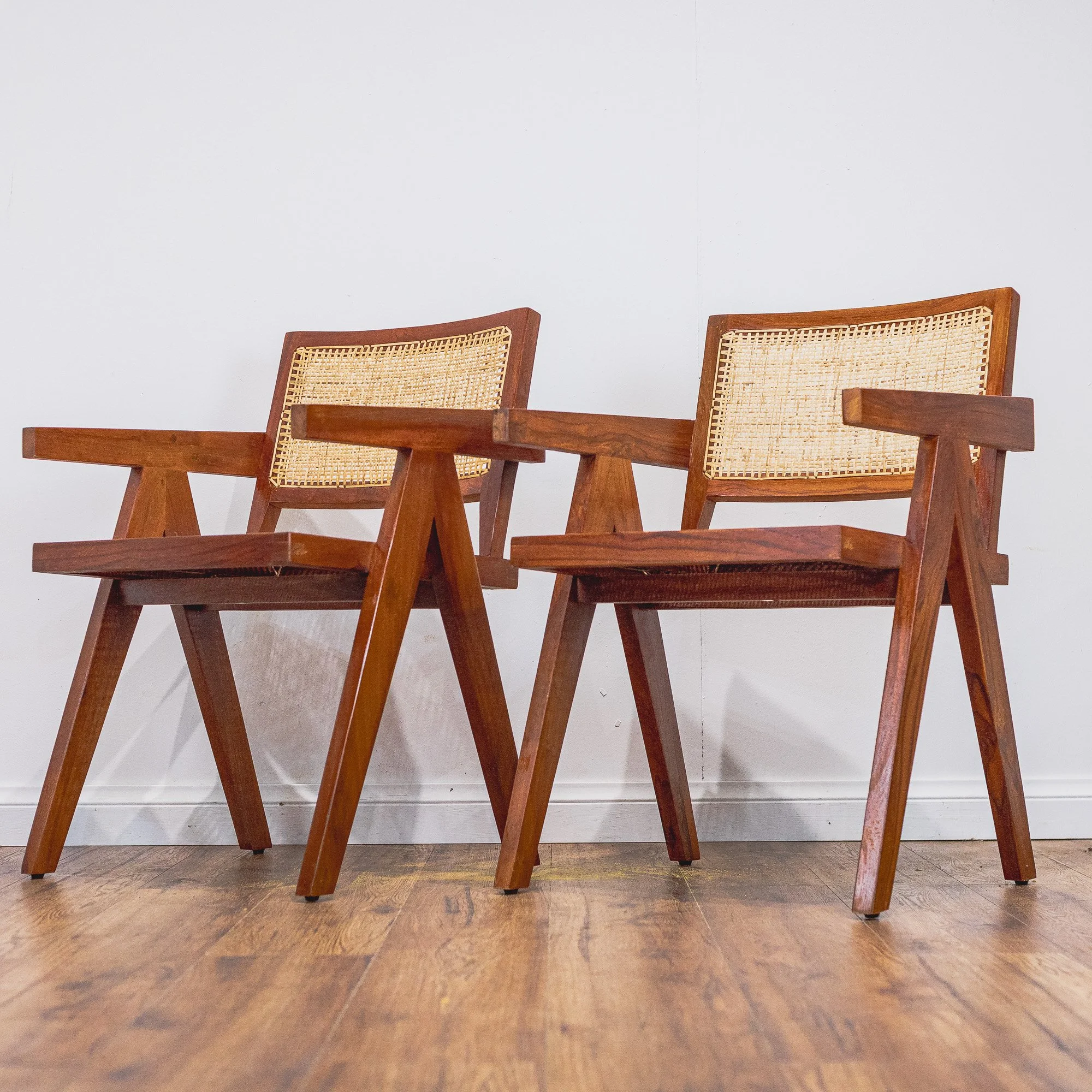 Pierre Jeanerette Style Teak and Cane Boomerang Chairs x2-1.jpg
