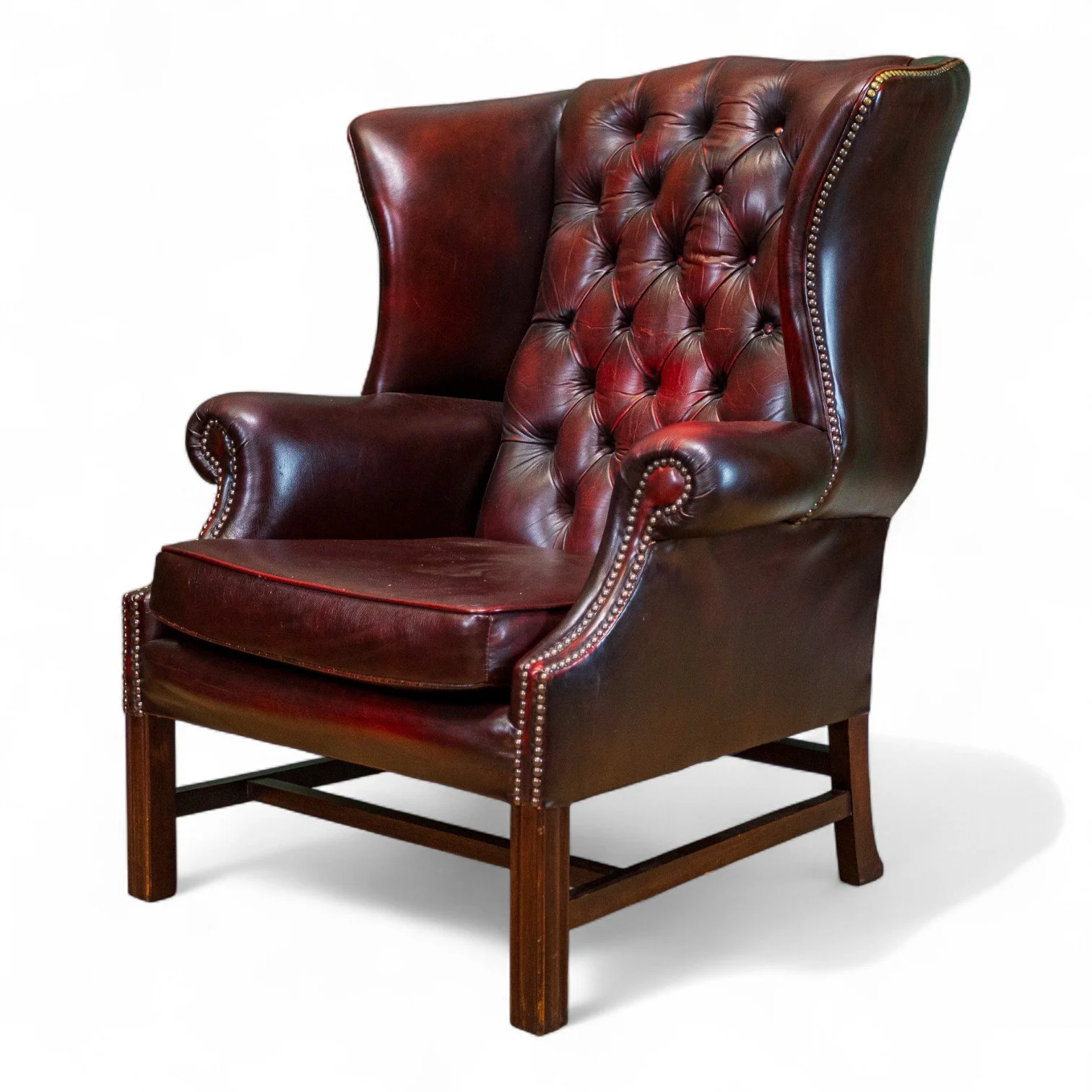 Georgian Style Oxblood Red Chesterfield Wingback Armchair & Footstool