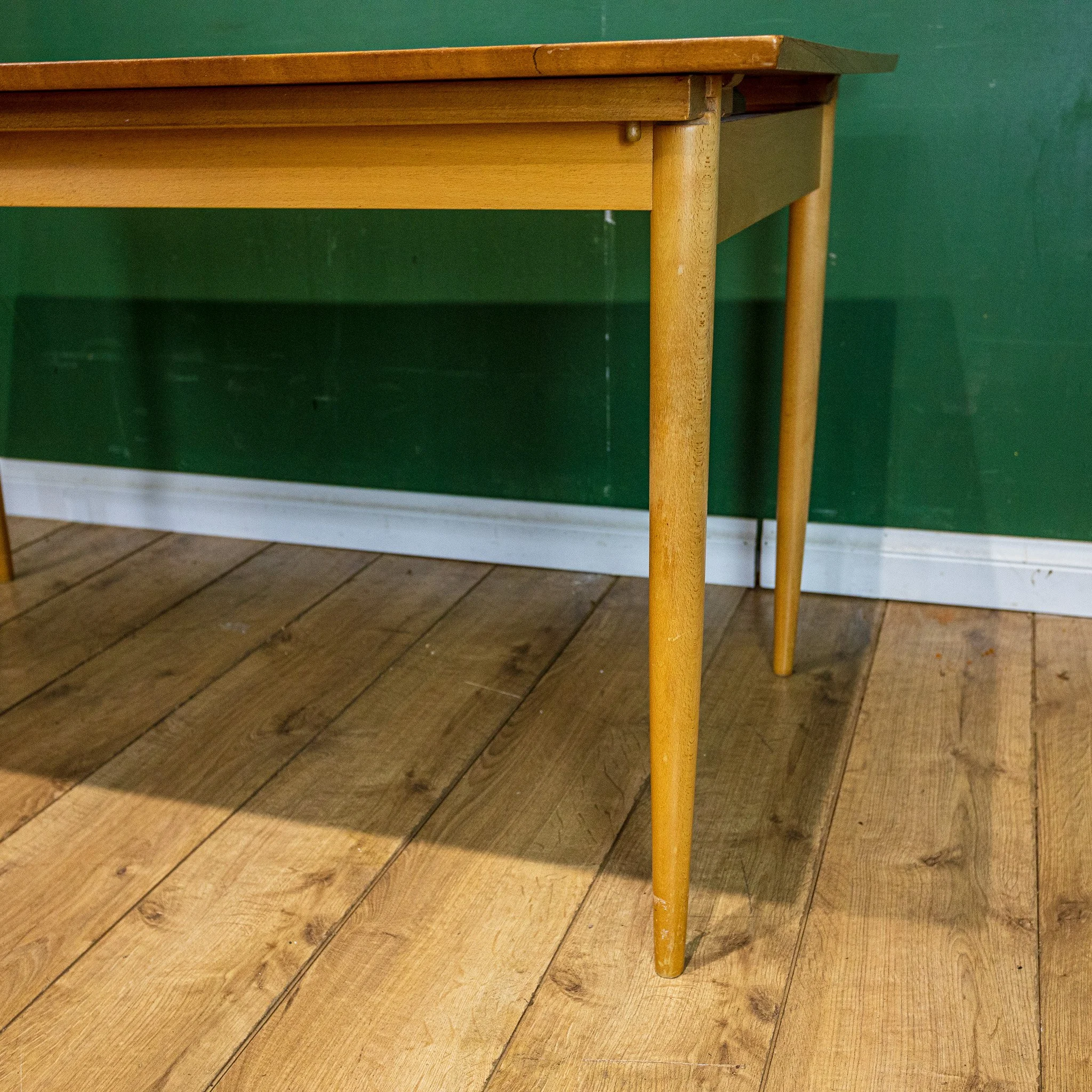 1960s Blonde Walnut Triple Folding Leaf Extending Dining Table