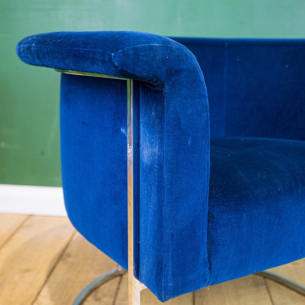 Chrome Framed Barrel Back Blue Tub Armchair