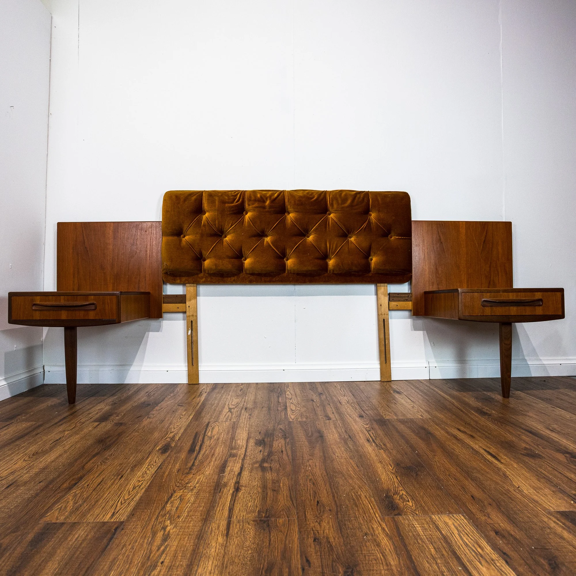 G Plan Fresco Teak Double Button Back Headboard with Floating Bedside Cabinets by V. B. Wilkins