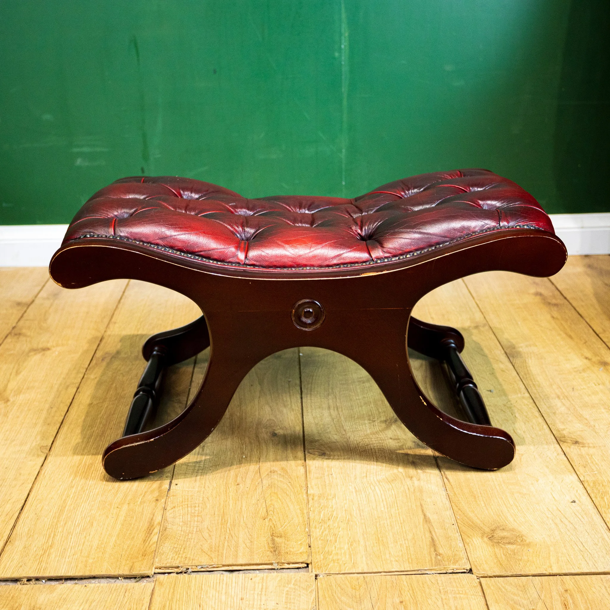 Georgian Style Oxblood Red Chesterfield Wingback Armchair & Footstool