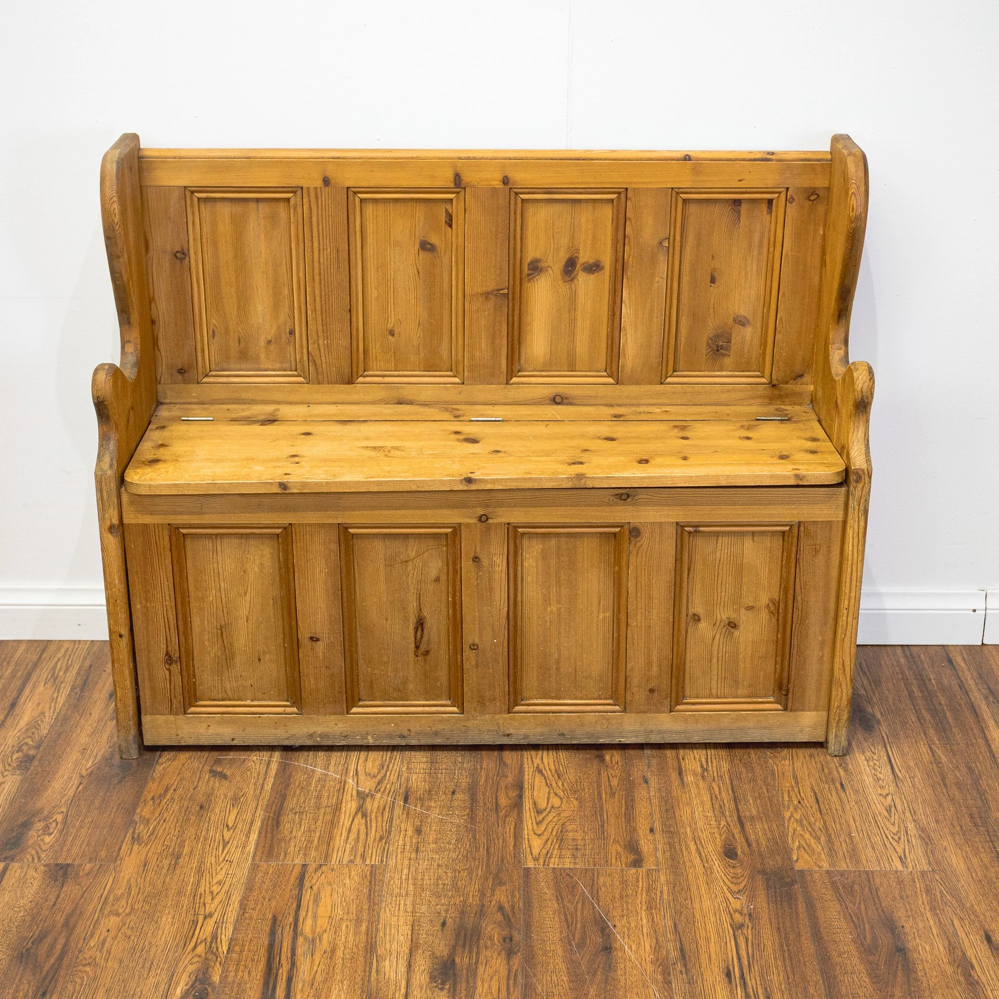 Carved Pine Monks Bench with Storage