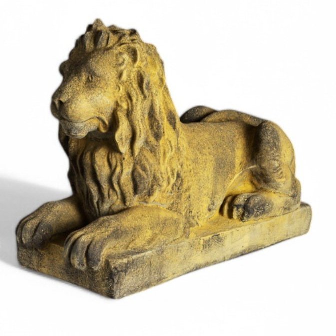 English Stone Pair of Large Langport Lions Laying down on plinth bases