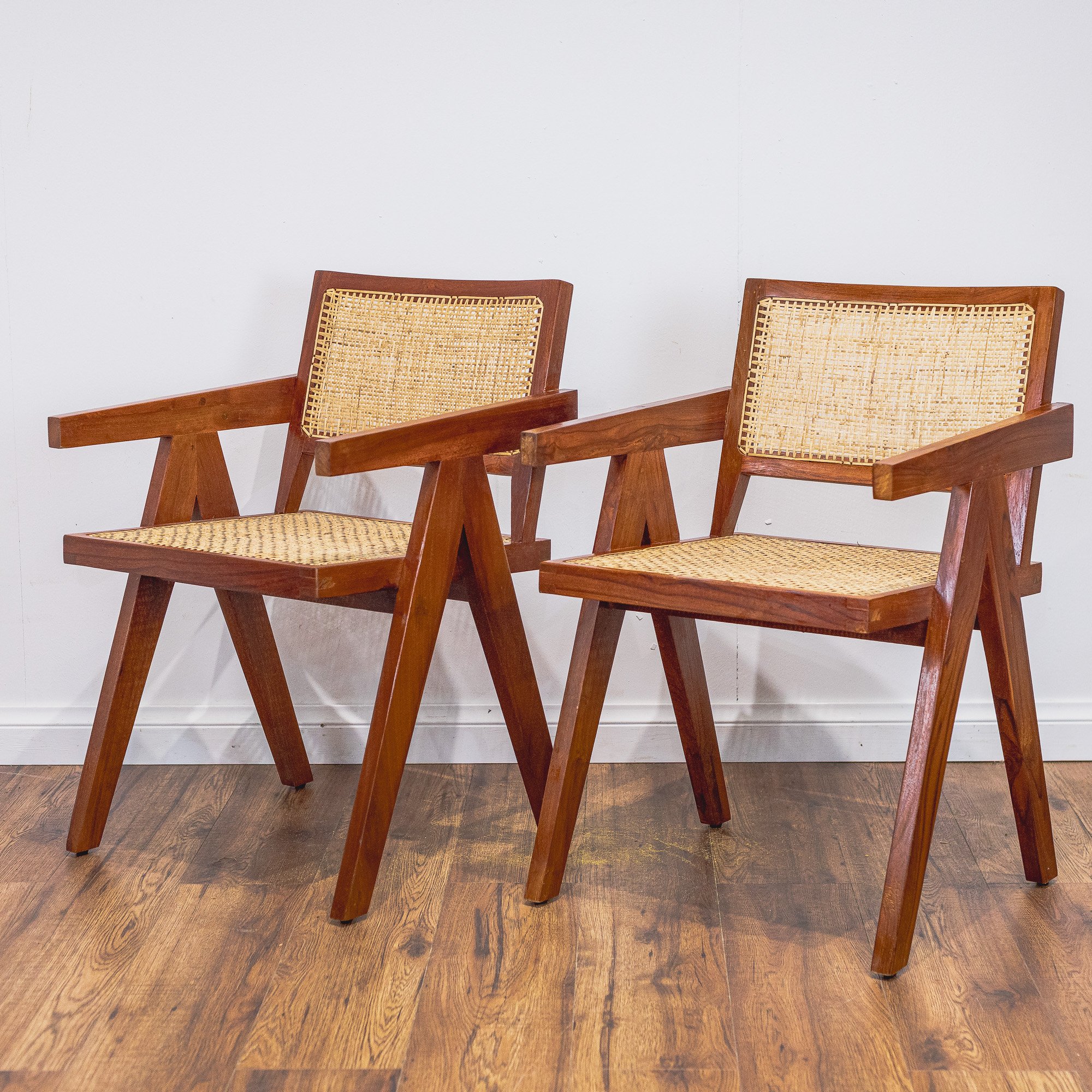 Pierre Jeanerette Style Teak and Cane Boomerang Chairs x2-2.jpg