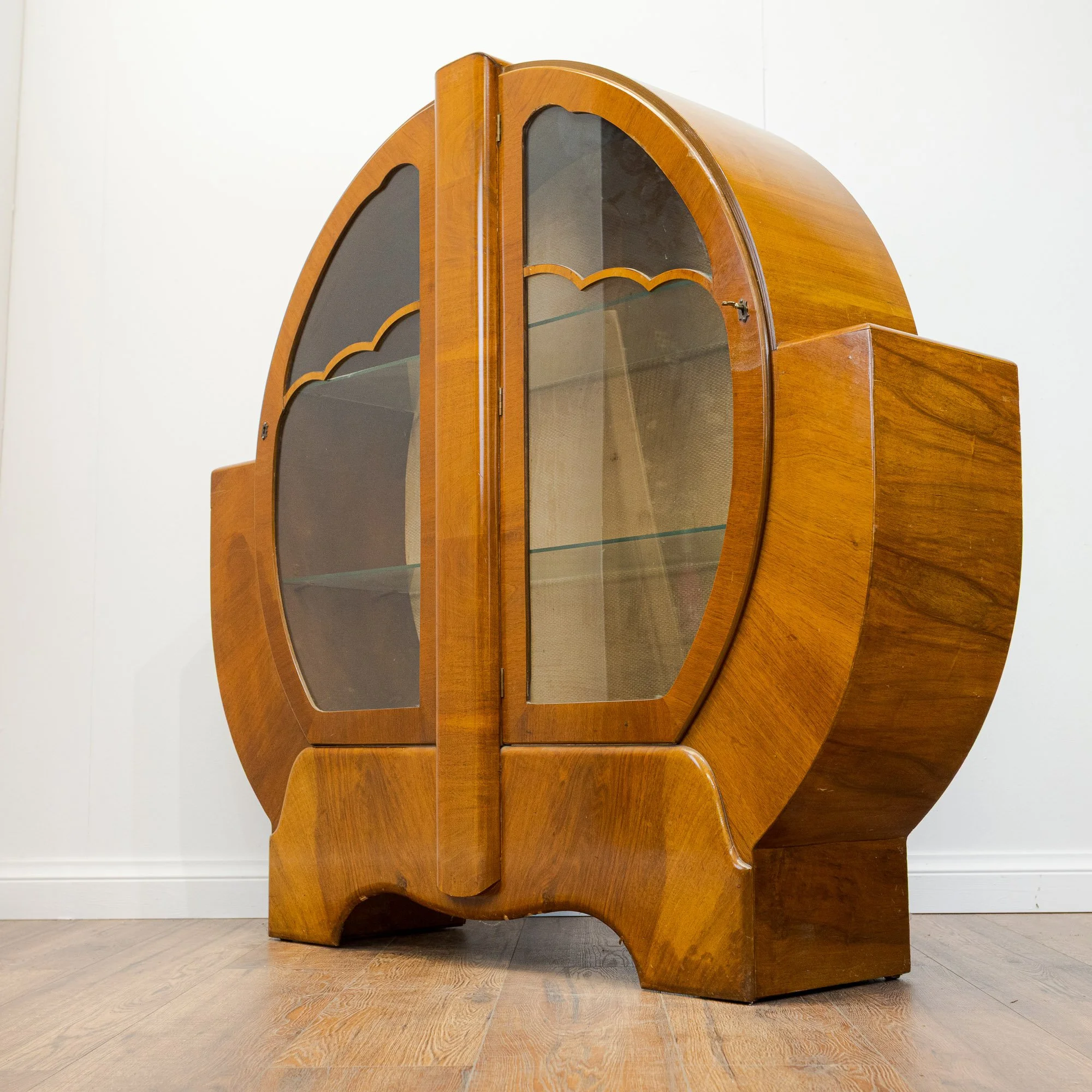 Art Deco Walnut Circular Shouldered Display Cabinet