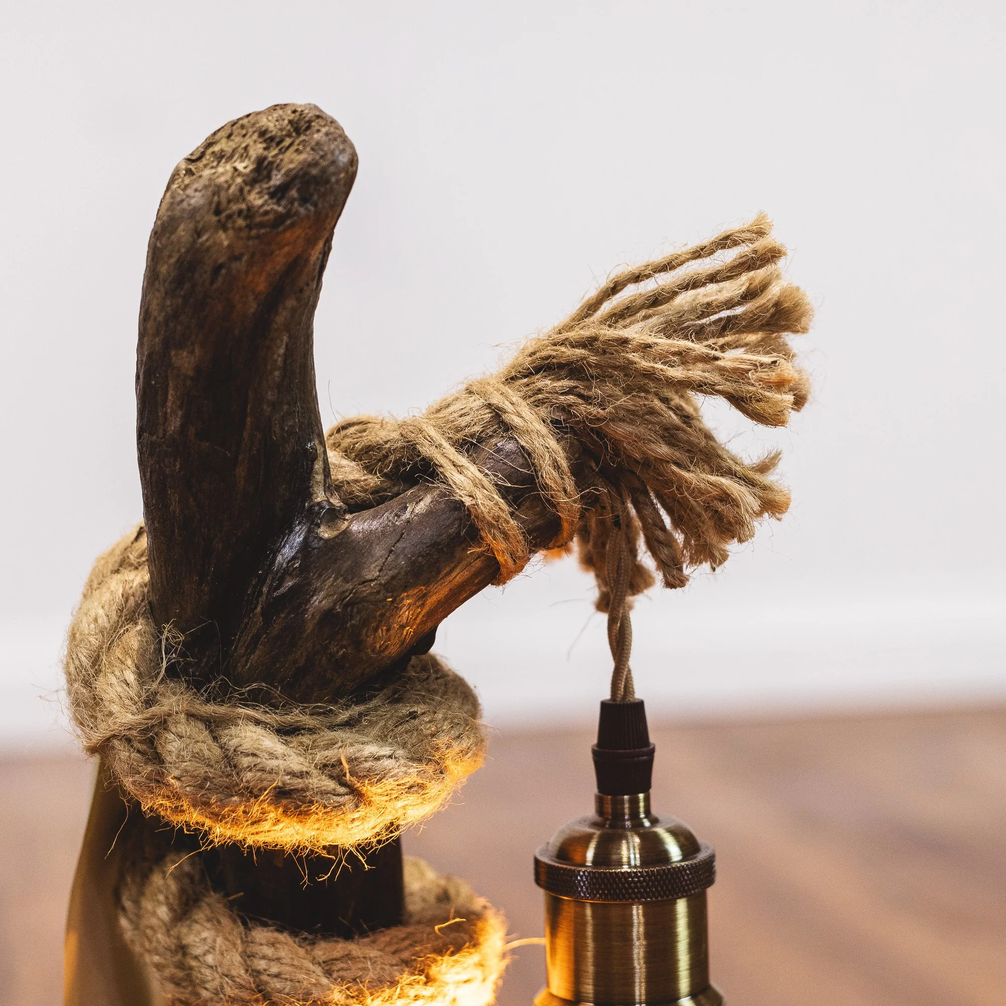 Handcrafted Natural Driftwood and Rope Twist Table Lamp – No. 2