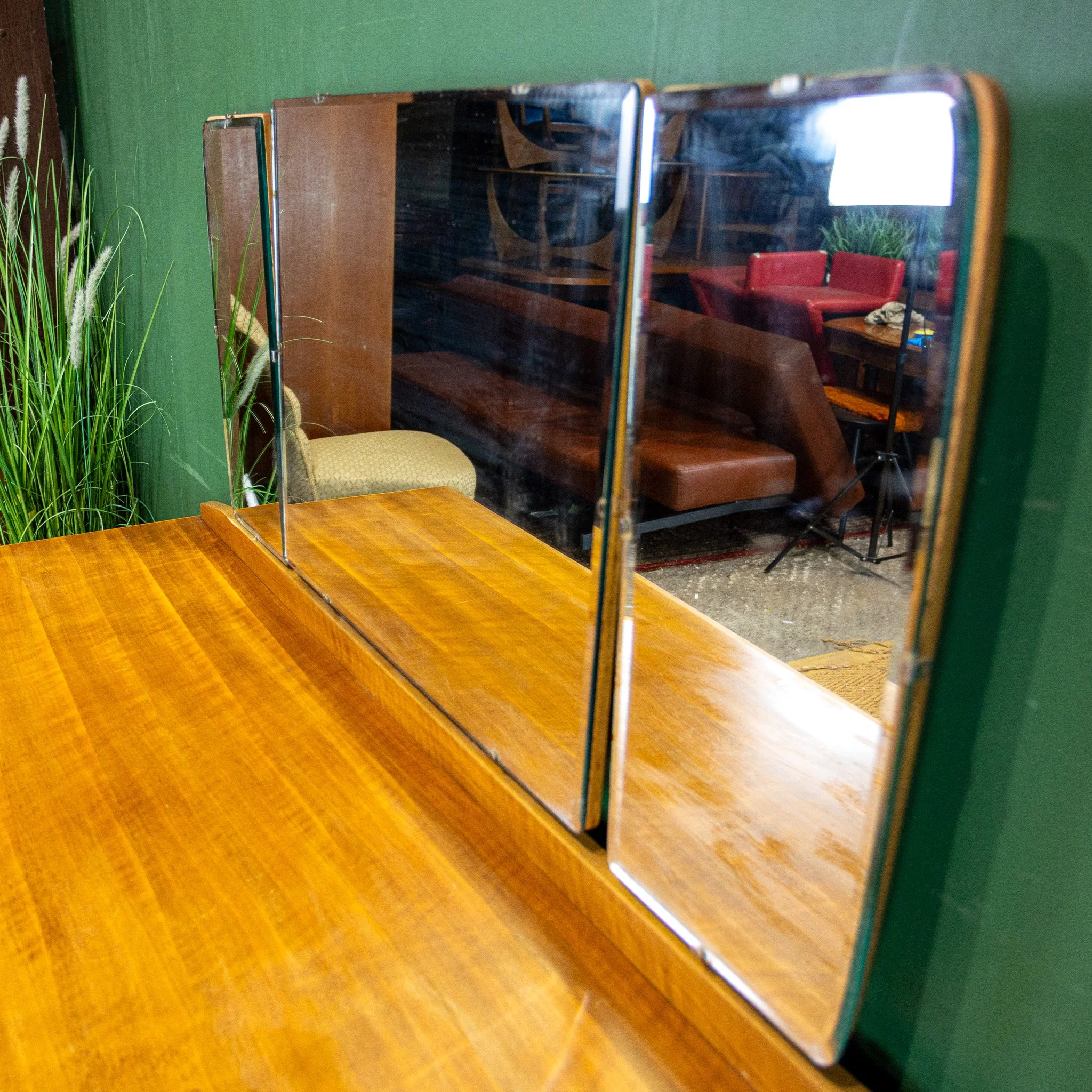 Alfred Cox Walnut Triple Mirror Dressing Table