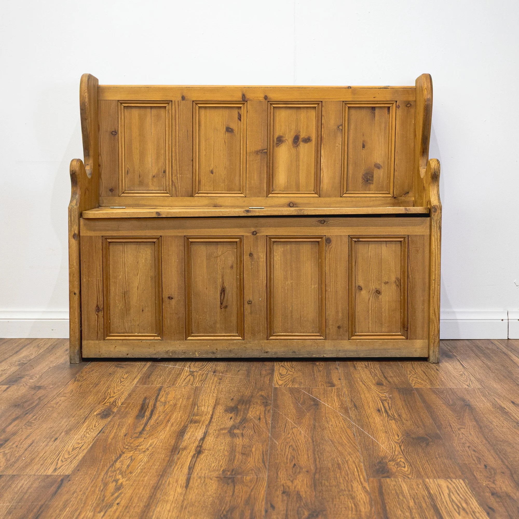 Carved Pine Monks Bench with Storage