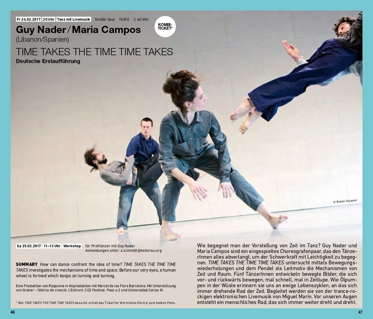 Four performers in grey and blue clothing engaging in an contemporary dance performance with one person flying through the air, captured in a minimalist setting.