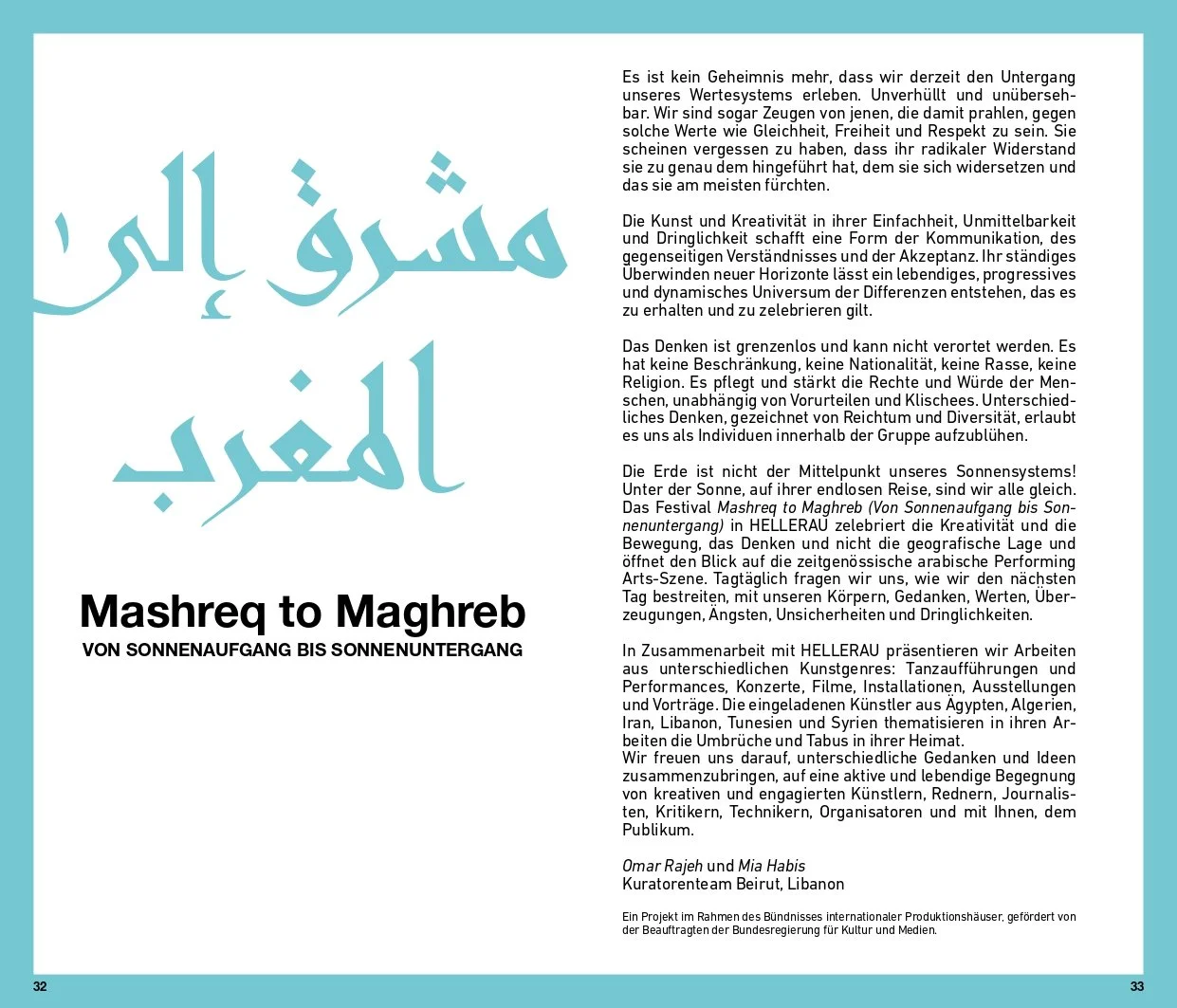 Open book or magazine page with German and English text about Mashreq to Maghreb, featuring large Arabic calligraphy and smaller black text.