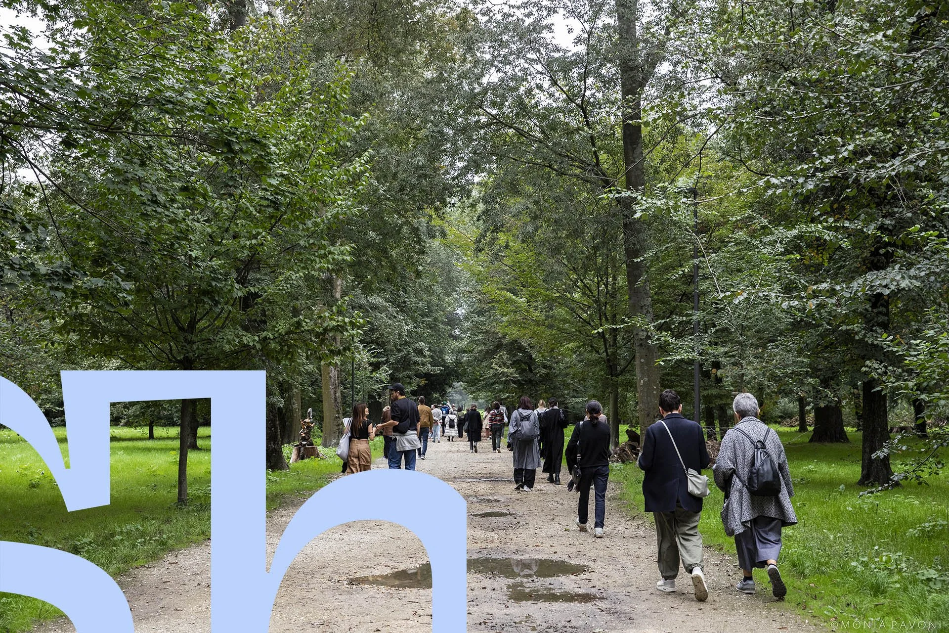 People walking on a dirt path through a lush, green park with tall trees on both sides.