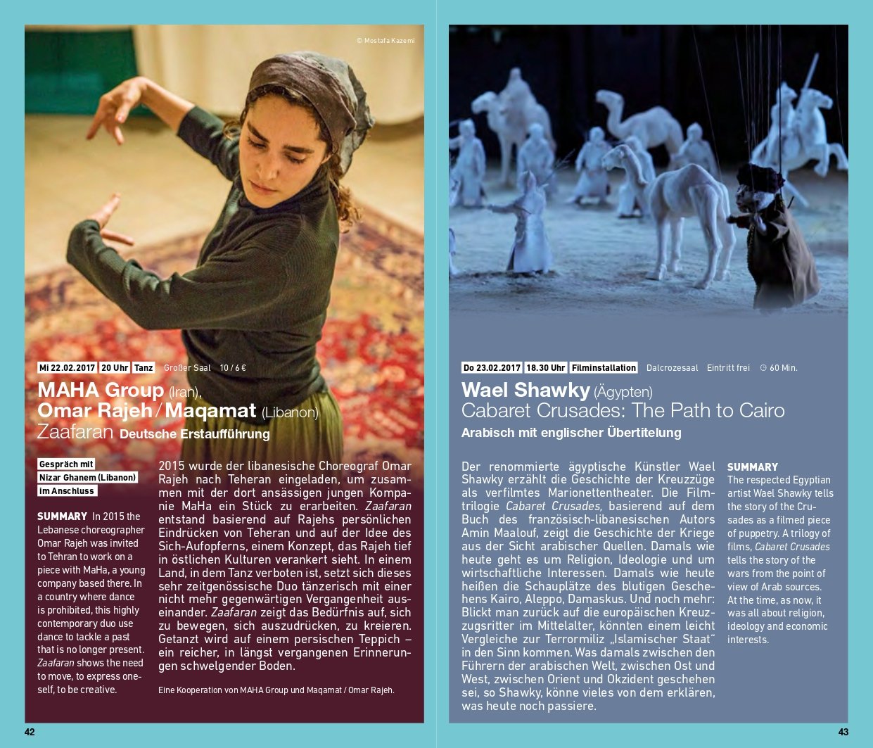 Two pages of a magazine. The left page features a young woman dancing on a carpet, and the right page displays a puppet show with marionettes and white camels.