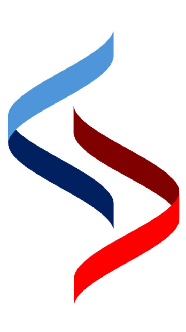 Abstract logo with intertwined curves in blue and red