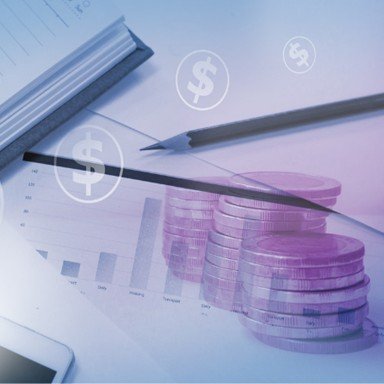 Stacked pink coins on a financial chart with dollar icons and a pen.