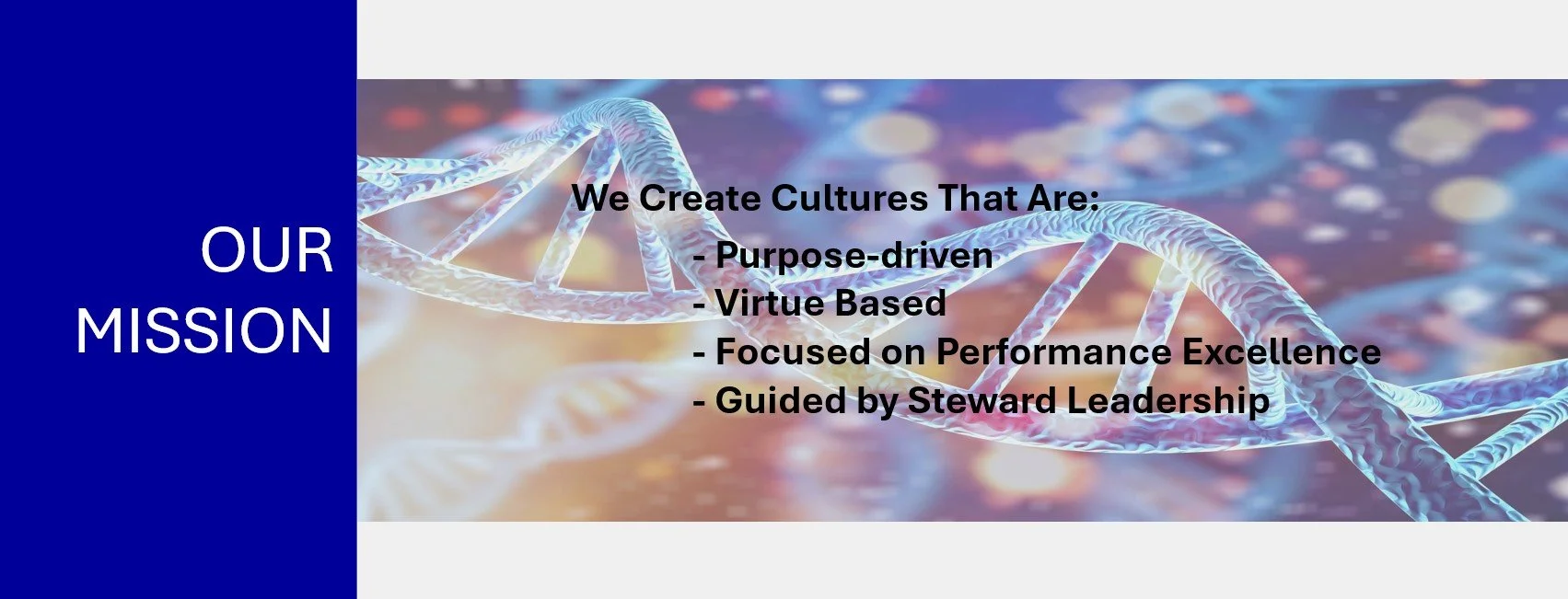 Text 'OUR MISSION' on left with DNA background and mission statement: 'We Create Cultures That Are: Purpose-driven, Virtue Based, Focused on Performance Excellence, Guided by Steward Leadership.'