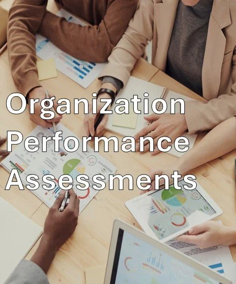 Top view of diverse business professionals analyzing performance charts and graphs at a table titled "Organization Performance Assessments."