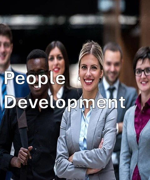 Group of professionally dressed people with the text 'People Development' overlayed.