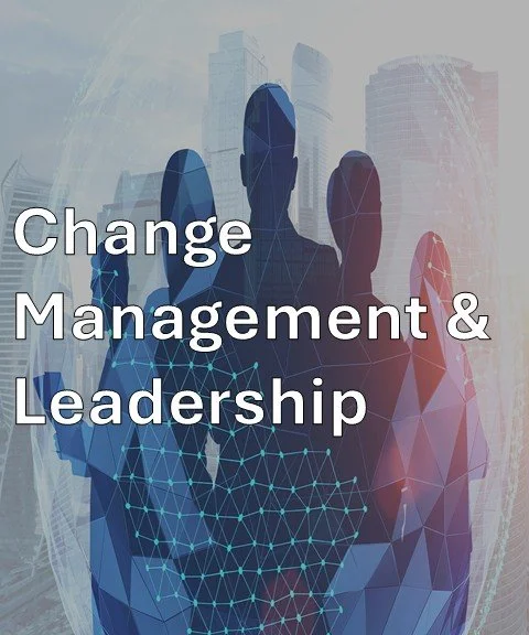 Silhouettes of business people against a cityscape with text "Change Management & Leadership."
