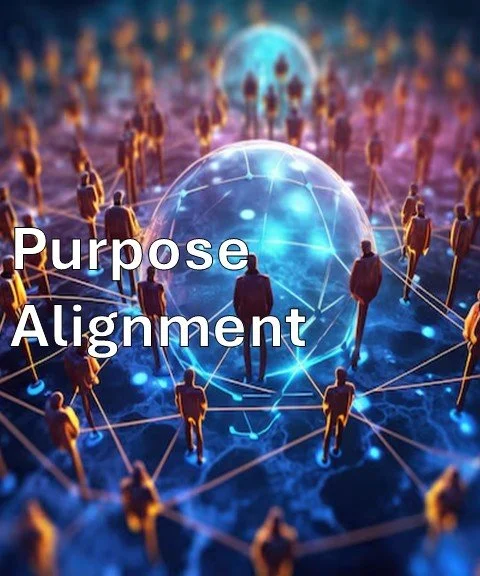 Digital illustration of a network of abstract human figures connected by lines, with glowing spheres, symbolizing connection and purpose alignment. The words "Purpose Alignment" are overlaid on the image.