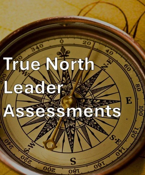 Vintage compass on a map with "True North Leader Assessments" text overlay.