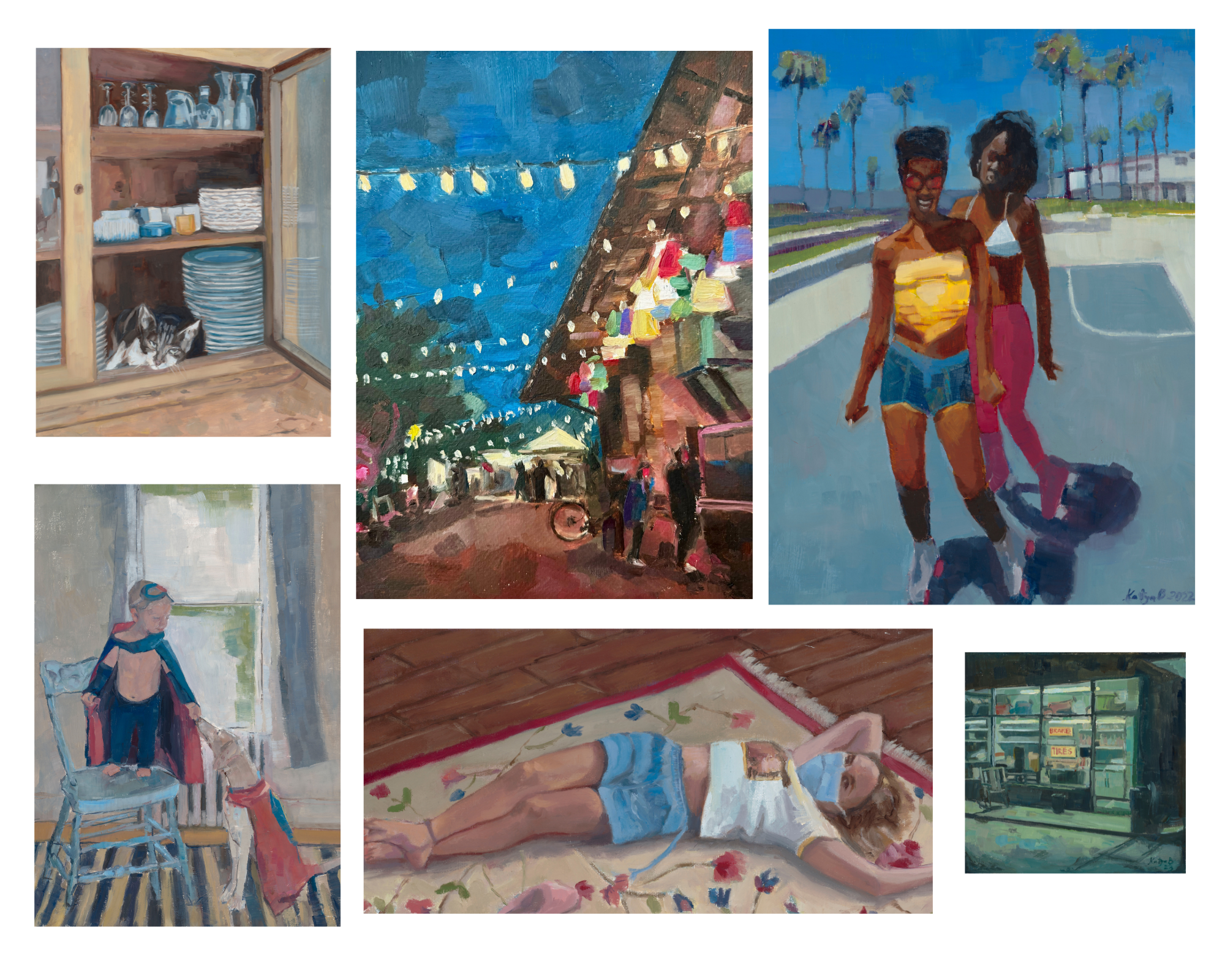 A collage of seven paintings. The top left depicts a cat inside a wooden cabinet with dishes. The top center shows a night scene at a fair with string lights and booths. The top right features two women smiling and walking outdoors with palm trees in the background. The bottom left presents a young boy with a cape and goggles standing next to a chair, with a window behind him. The bottom center shows a woman lying on a floral-patterned rug in a relaxed pose. The bottom right illustrates a nighttime street scene with a storefront displaying tires and brake signs.