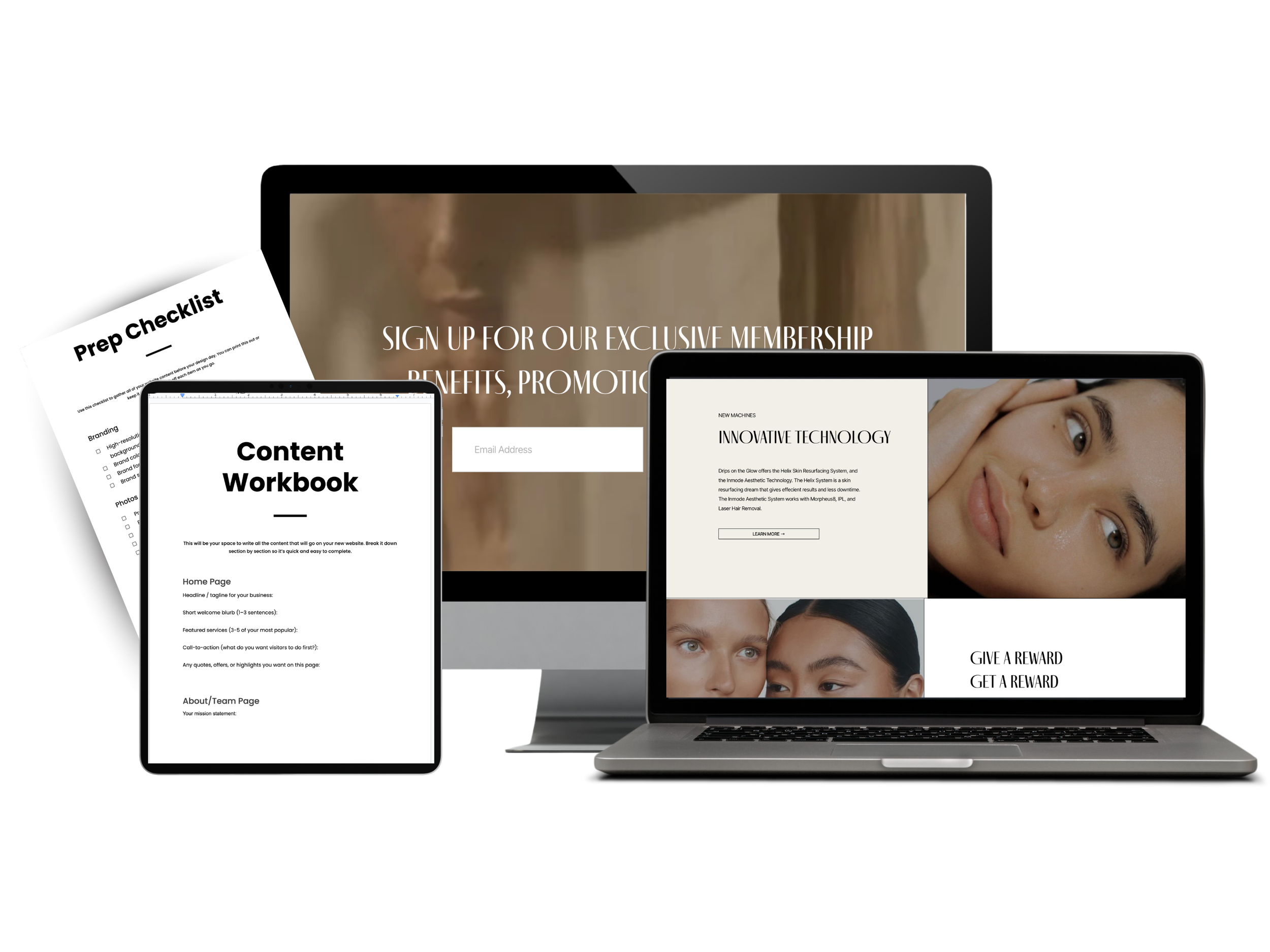 Electronic devices displaying website pages, a folder labeled 'Prep Checklist', and a document labeled 'Content Workbook', set against a black background.