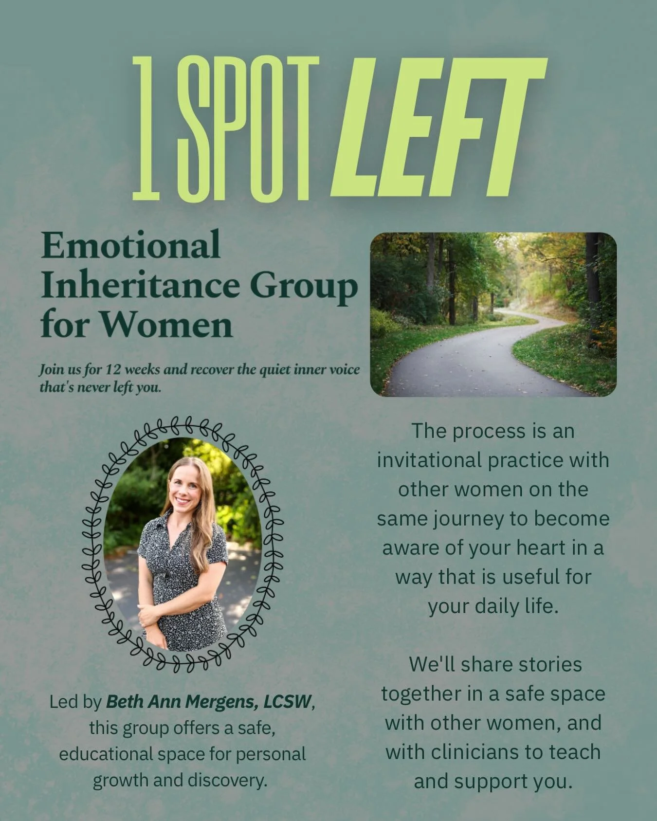 ❗️ONE spot remaining❗️

There&rsquo;s one spot remaining in the 12-week women&rsquo;s group that will begin January 26 in our office! Visit our website at www.vothcenter.com/groups to reserve your spot!