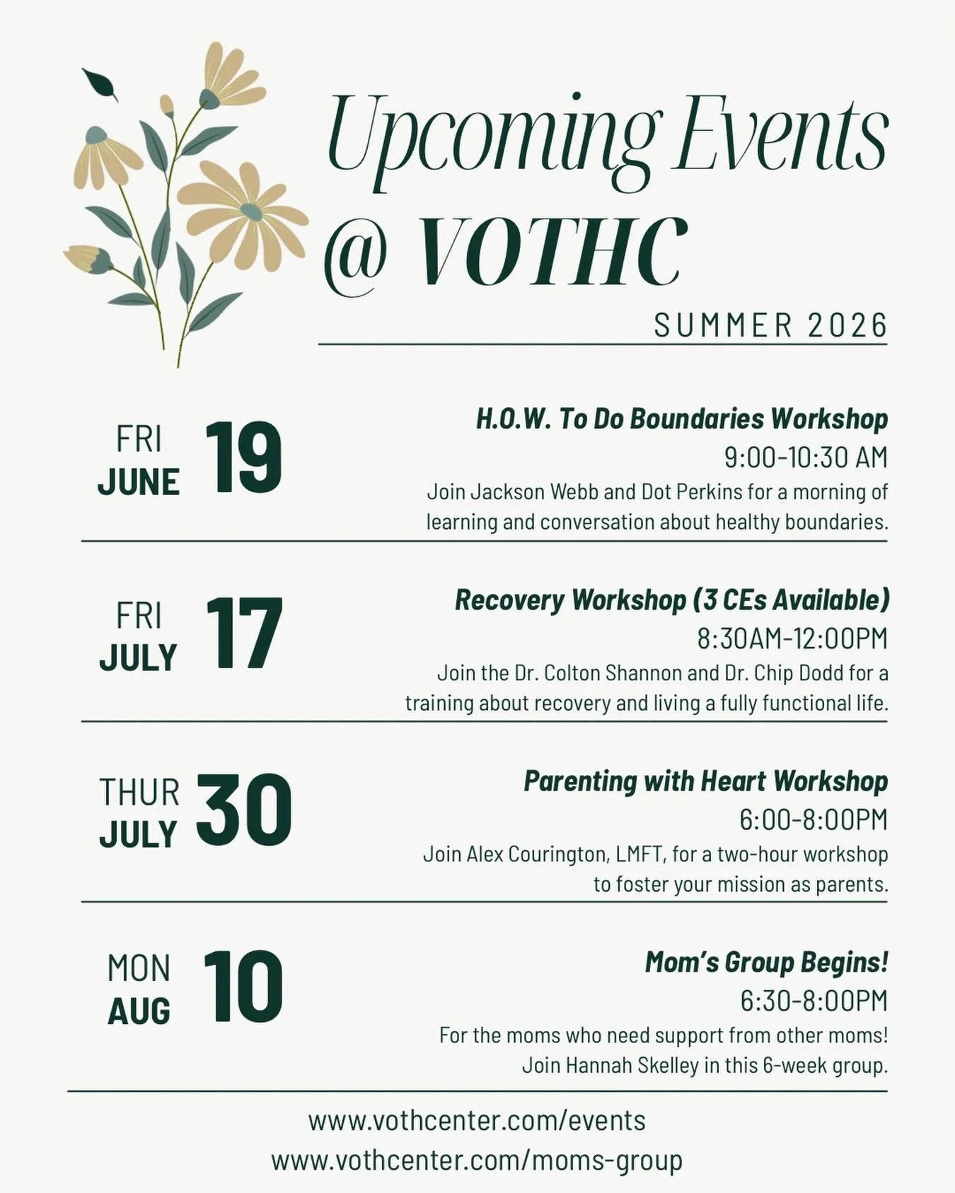 Mark your calendar! 🍉 You won&rsquo;t want to miss these events happening this summer! Space is limited for every event and spots are filling fast! 

Reserve your place at www.vothcenter.com/events or www.vothcenter.com/moms-group

We look forward t
