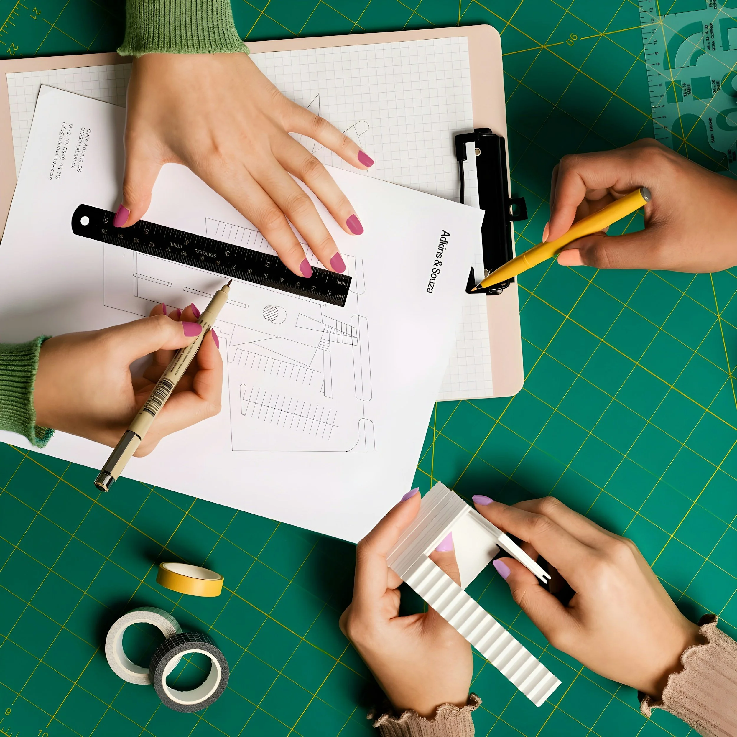 Three people working on a design project at a green cutting mat with rulers, tapes, and color samples. One person is holding a ruler and a sketch, another is writing with a yellow pen, and the third is holding a white color sample and a black marker.