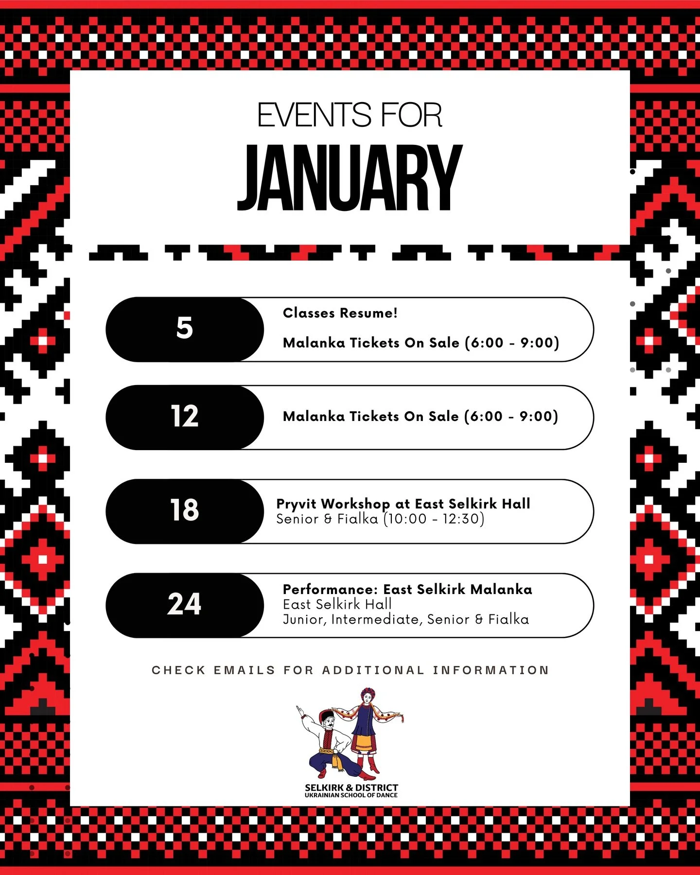 J A N U A R Y ❄️
&mdash;
We can&rsquo;t wait to welcome our dancers back to class on Monday! This month, we&rsquo;ll be putting the finishing touches on Pryvit with our Senior and Fialka dancers, and ringing in the new year at East Selkirk Malanka wi