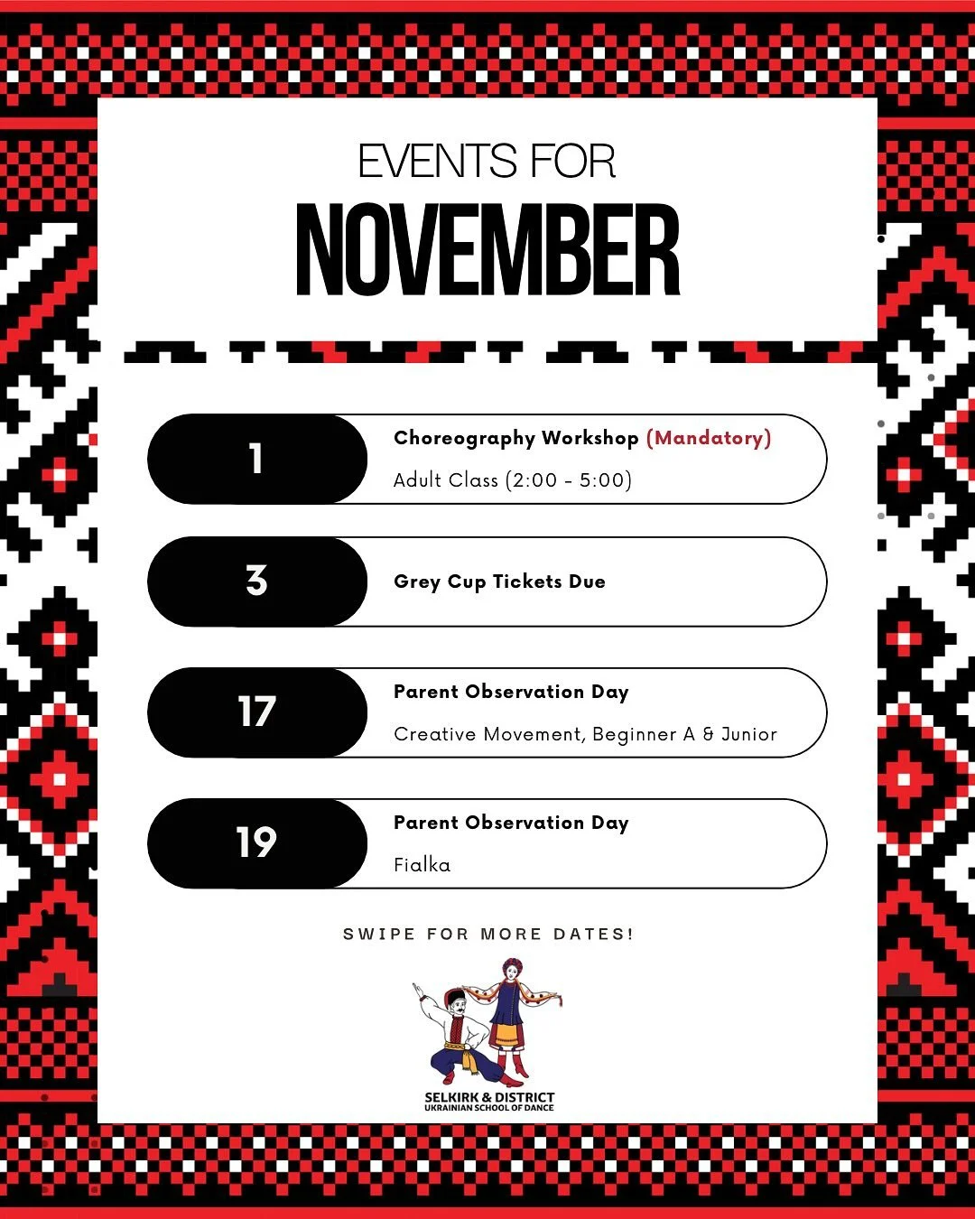N O V E M B E R ✨
&mdash;
From choreography workshops to parent observation days, we&rsquo;ve got a lot going on this month! Be sure to swipe to see everything scheduled for November. 👀