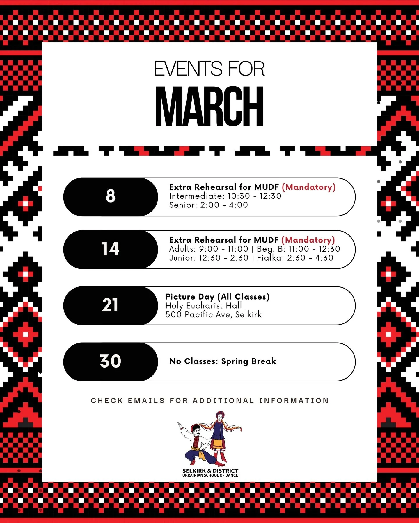 M A R C H 🤩
&mdash;
This month is full of extra rehearsals for all of our classes (Beginner B and up) attending @mbukrainiandancefestival! We&rsquo;ve also got Picture Day with @stafford_studios_ on March 21st, and no classes on March 30th to enjoy 