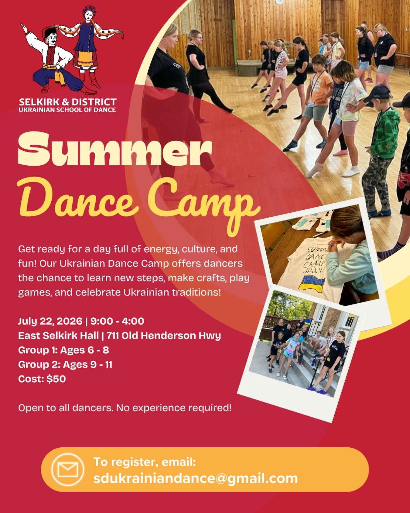 🌻💙 ONE-DAY UKRAINIAN DANCE CAMP! 💙🌻

Calling all kids ages 6&ndash;11! Get ready for a day packed with dancing, creativity, and summer fun! ☀️

Join us on Wednesday, July 22 at East Selkirk Hall from 9:00 AM &ndash; 4:00 PM for an exciting Ukrain