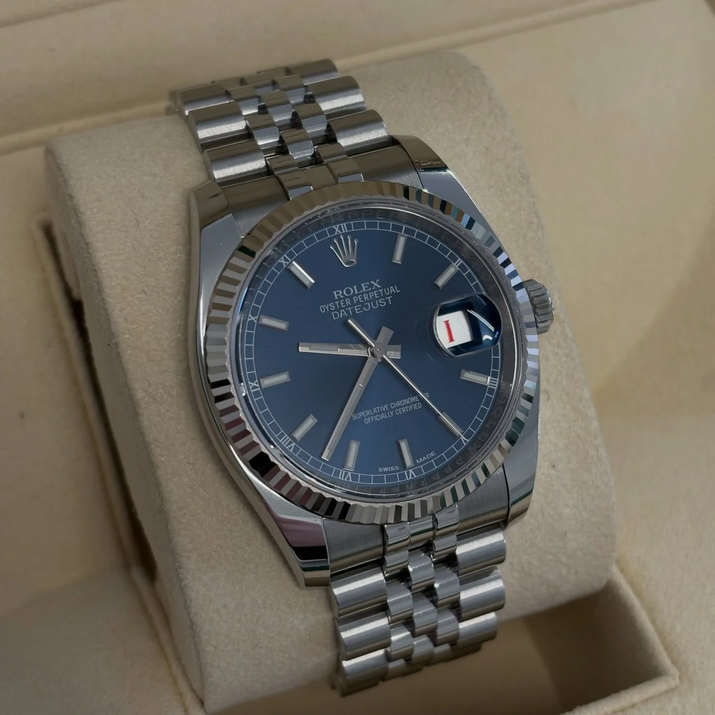 🔥&pound;7750🔥

Rolex Datejust
Model 116234
Year 2017
36mm case, automatic movement
Stainless steel
Blue baton dial
Jubilee bracelet 
Fluted bezel

Watch, box, card, booklets and hang tag 

In an unpolished condition, minor scratches, can be polishe