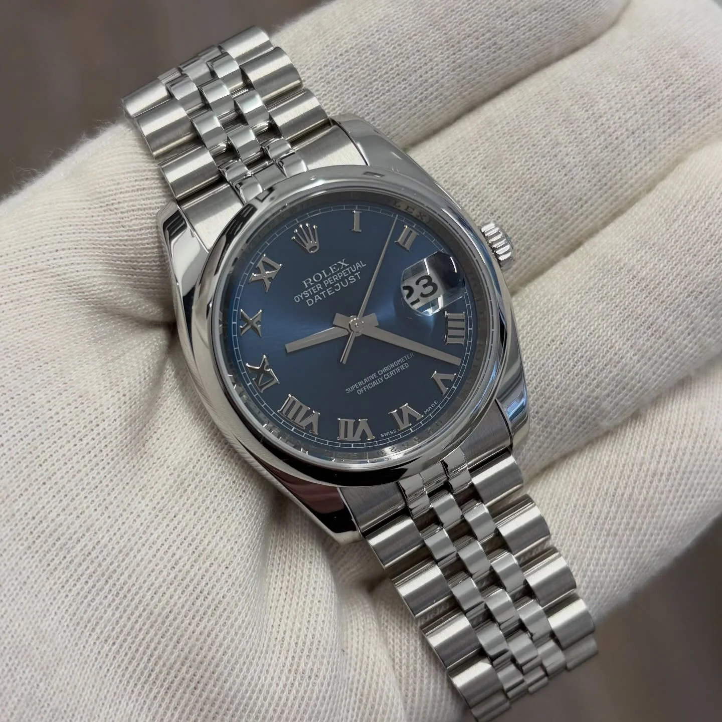 Rolex Datejust
Model 116200
Year 2006
36mm case, automatic movement
Stainless steel
Blue Roman dial
Jubilee bracelet
Smooth bezel

Watch, box, card, booklets, 2 hang tags and bezel protector&nbsp;

Movement has been serviced, case and bracelet polish