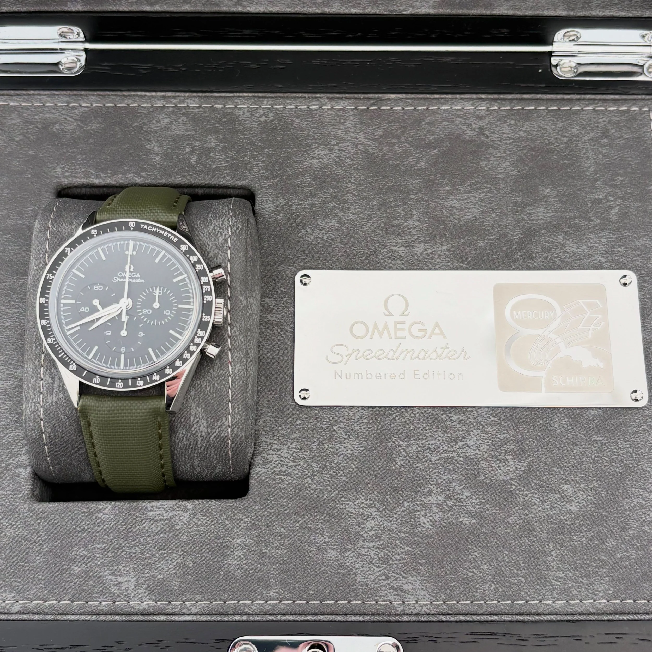 &pound;4500 💸

Omega Speedmaster
Anniversary Series
Model 311.32.40.30.01.001
Year 2018
Black Chronograph Dial
Hand Wind Mechanical Calibre 1861 Movement
39.7mm Stainless Steel Case
Black Tachometer Steel Bezel&nbsp;
On an aftermarket green strap, c