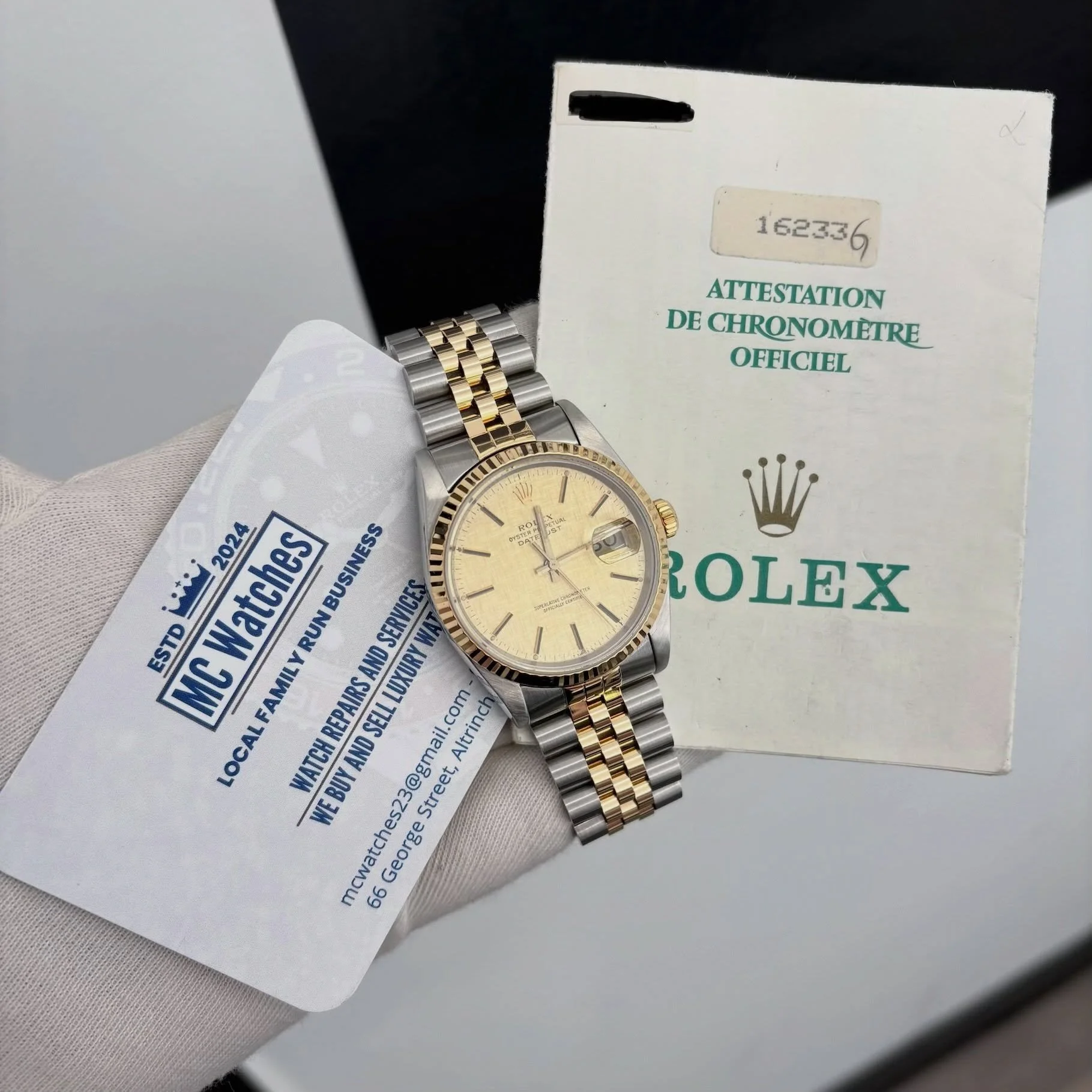 &pound;5395 💸

Rolex Datejust&nbsp;
Model 16233
Year 1990
Champagne Linen Baton Dial
Automatic Rolex 3135 Movement
36mm Stainless Steel Case
18ct Gold Fluted Bezel
18ct Gold and Stainless Steel Jubilee Bracelet

Watch and Original Warranty Papers On